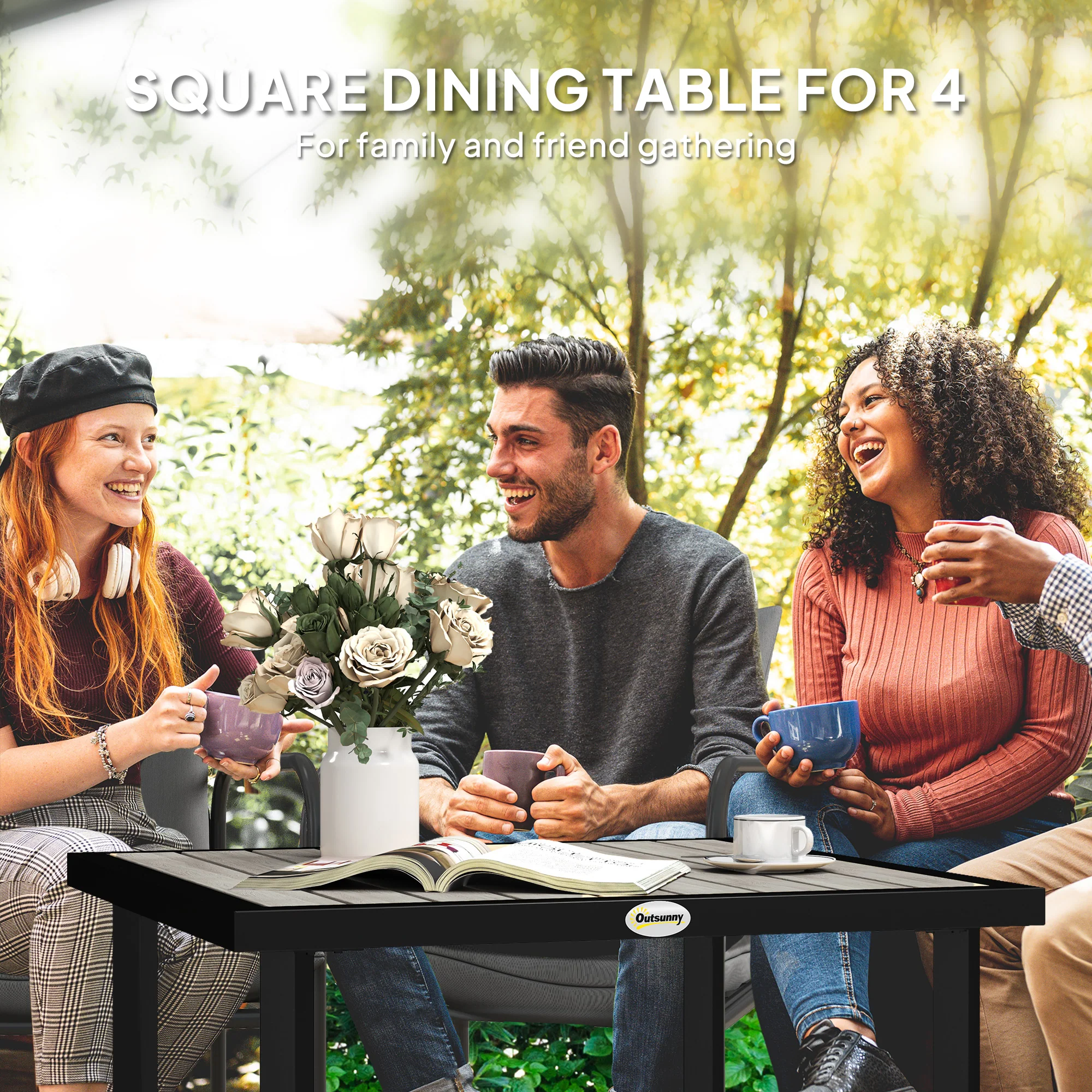 Garden Table for 4 Person, Square 86 x 86 x 71cm Patio Outdoor Dining Table with 5.4cm Parasol Hole, Easy Clean Slatted Top, Metal Frame, for Balcony, Deck, Light Grey - Image 6