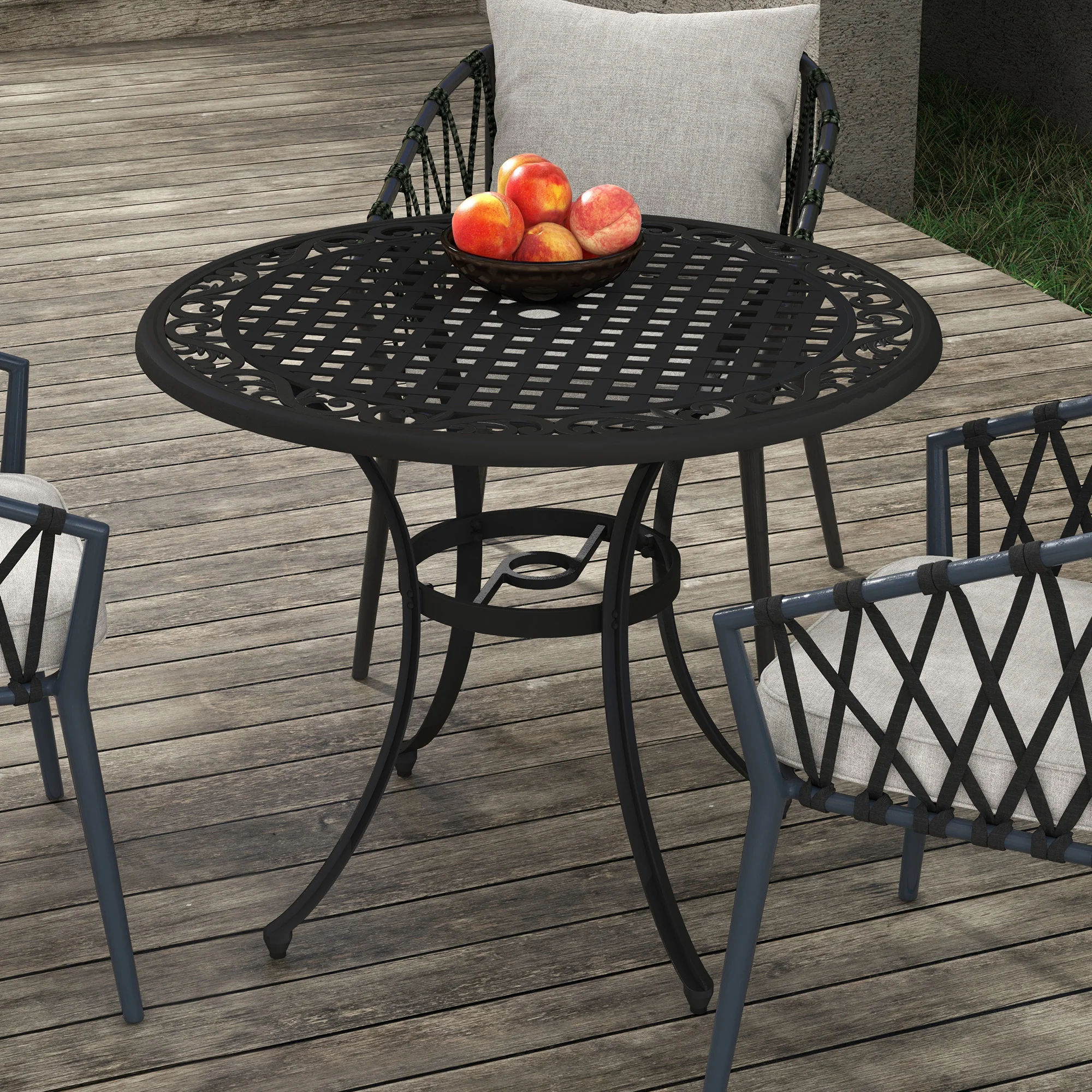 Garden Table with Parasol Hole, 90cm Round Outdoor Dining Table for 2-4, Cast Aluminium Bistro Coffee Table for Balcony - Black - Image 3