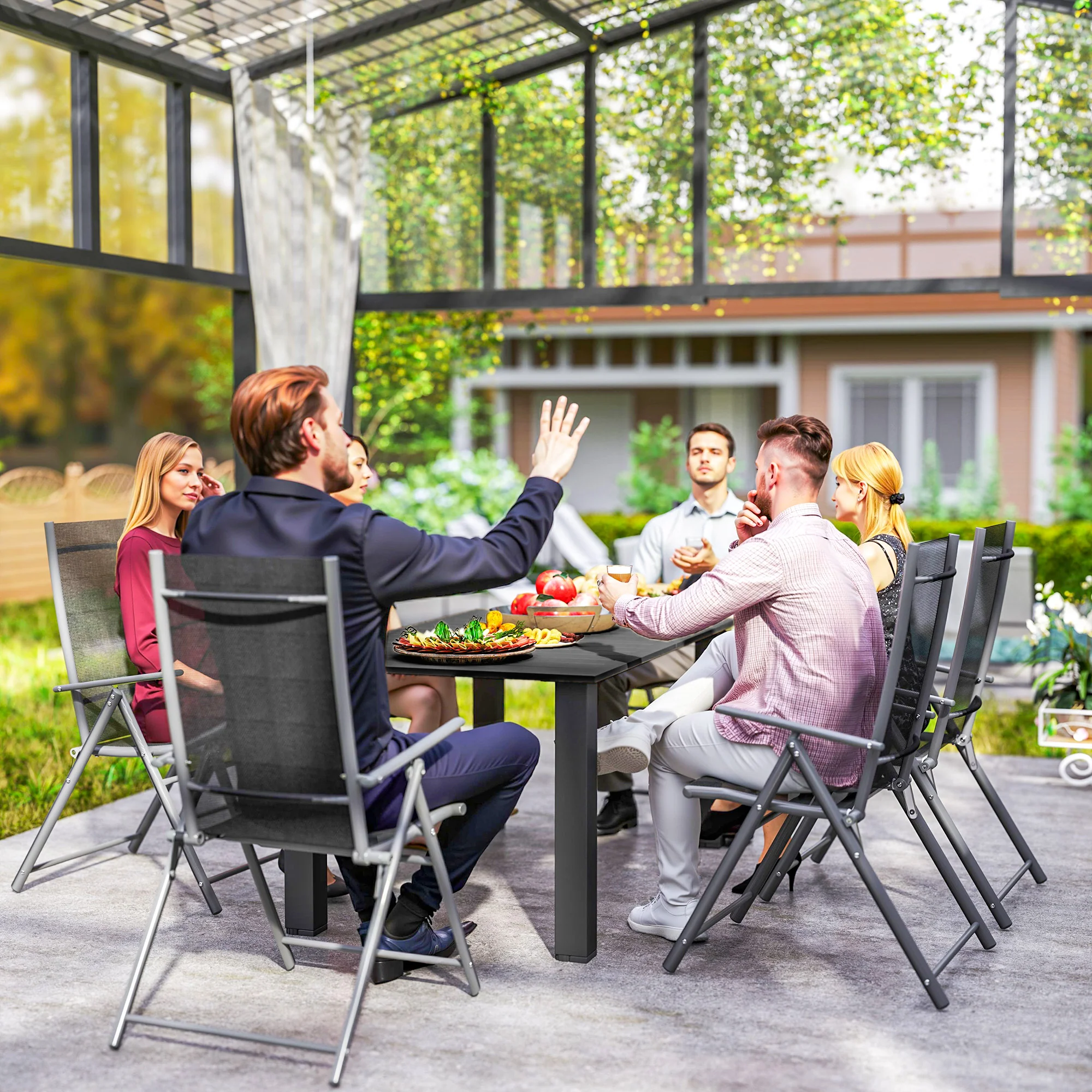Garden Table with Parasol Hole for 6 Person, Rectangle Outdoor Dining Table with Slatted Metal Tabletop, Steel Frame for Patio, Balcony, 150 x 90 x 73 cm, Black - Image 11