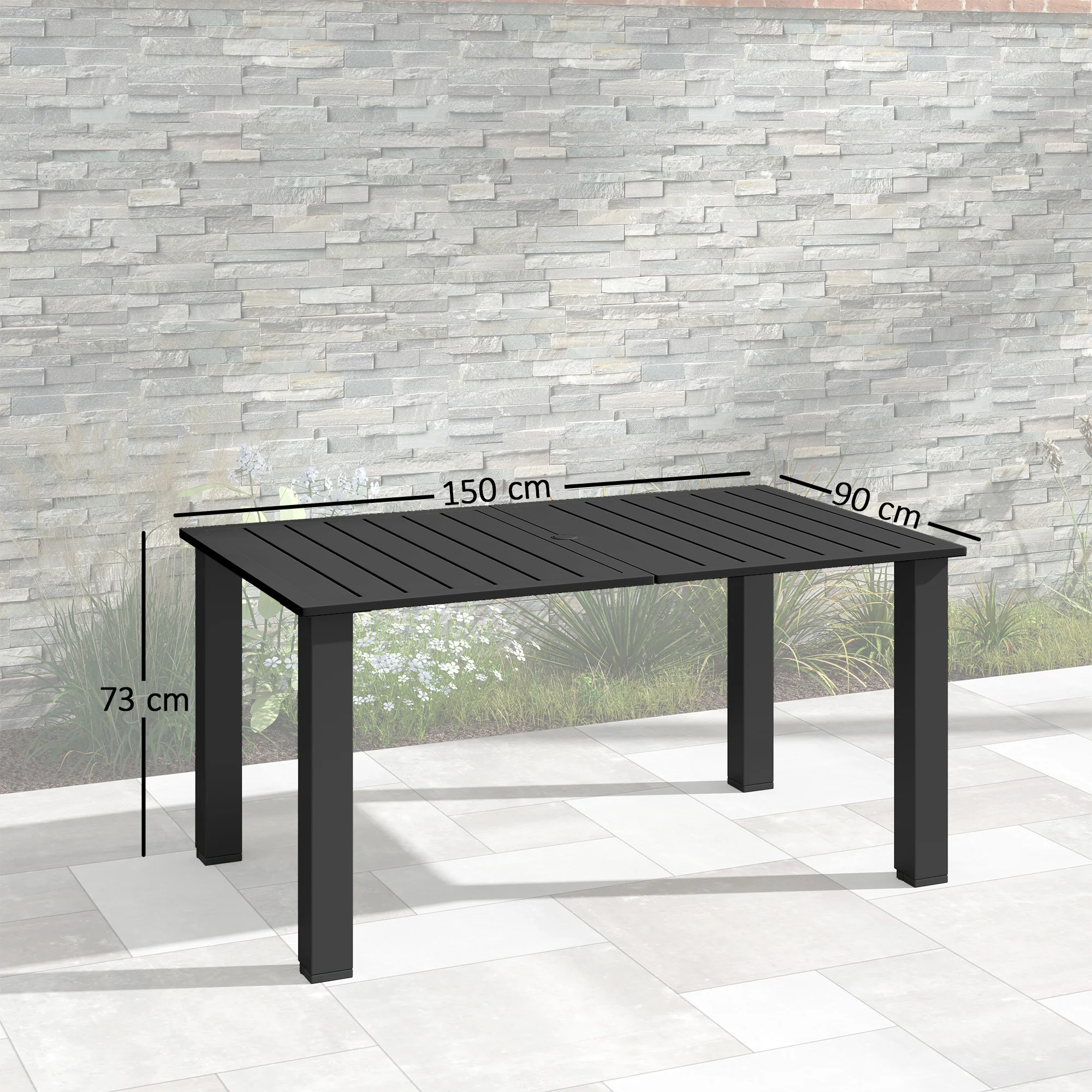 Garden Table with Parasol Hole for 6 Person, Rectangle Outdoor Dining Table with Slatted Metal Tabletop, Steel Frame for Patio, Balcony, 150 x 90 x 73 cm, Black - Image 5