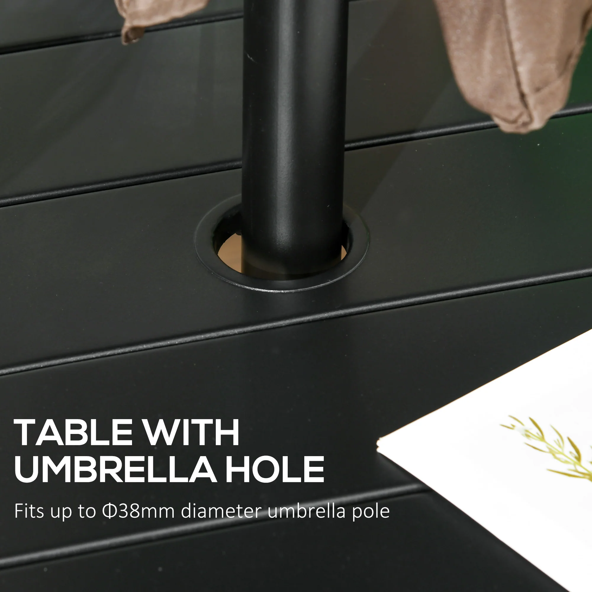 Garden Table with Parasol Hole, Outdoor Dining Garden Table for Four Persons, Round Patio Table with Slatted Metal Top, Black - Image 7