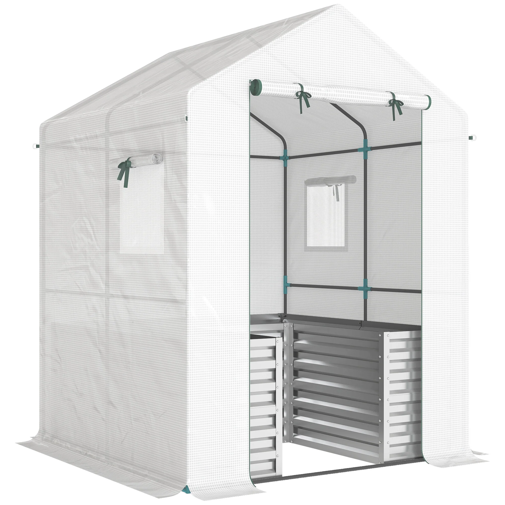 Greenhouse with Raised Garden Bed, Galvanized Metal Planter Box with PE Cover, Roll Up Door, 56" x 56" x 75", White - Image 12