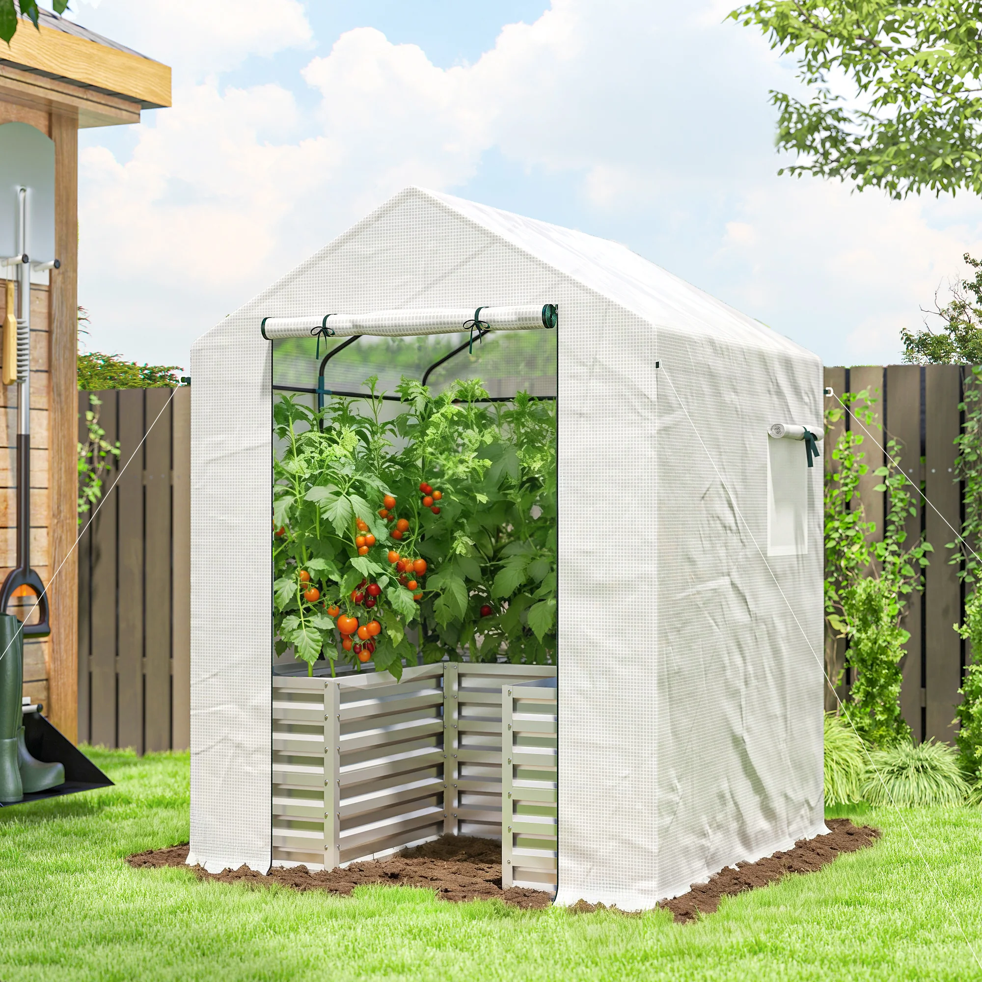 Greenhouse with Raised Garden Bed, Galvanized Metal Planter Box with PE Cover, Roll Up Door, 56" x 56" x 75", White - Image 3