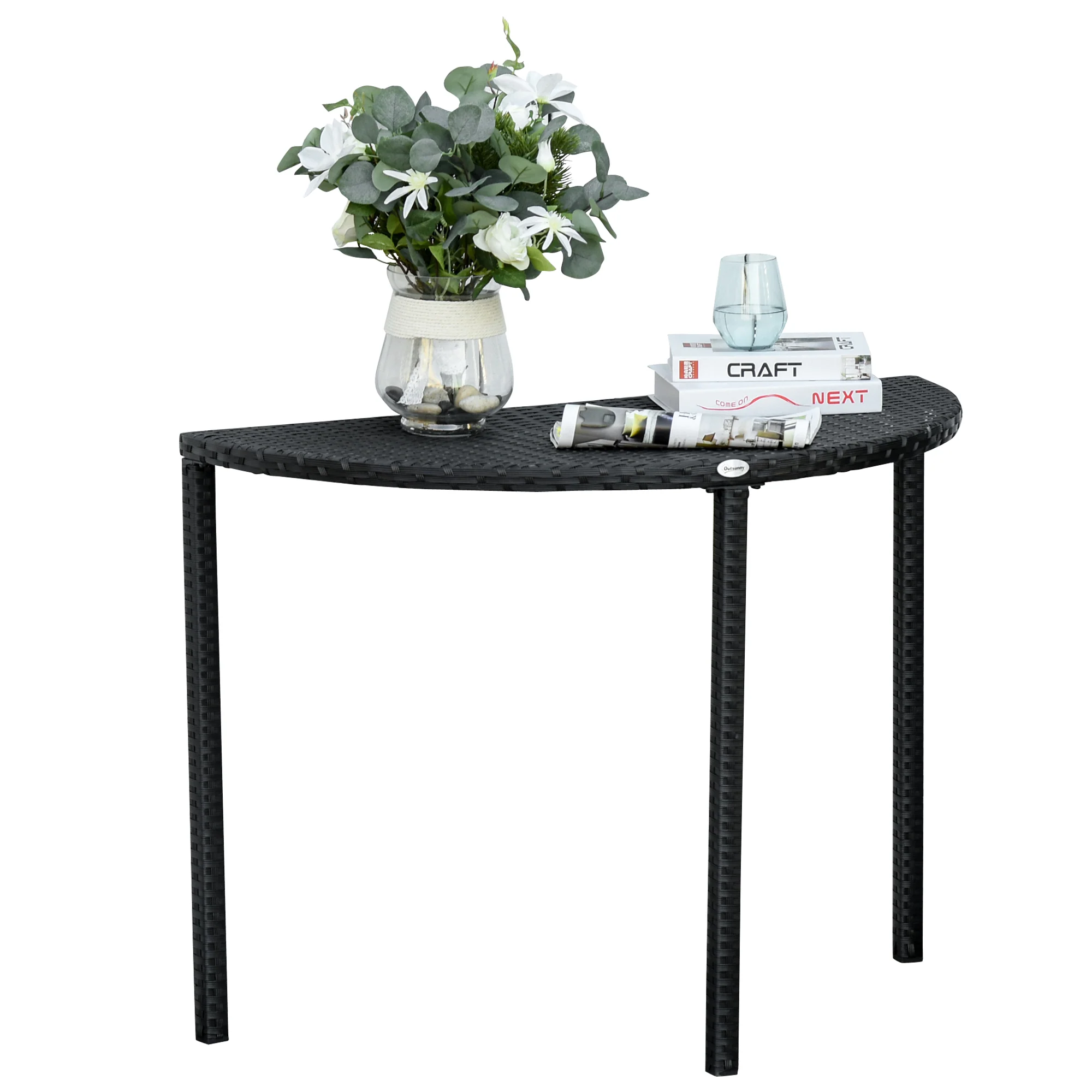 Half Round Side Table, PE Rattan Narrow Coffee Table with Metal Frame for Patio, Garden, Balcony, 39.4" x 19.7" x 29.1", Black