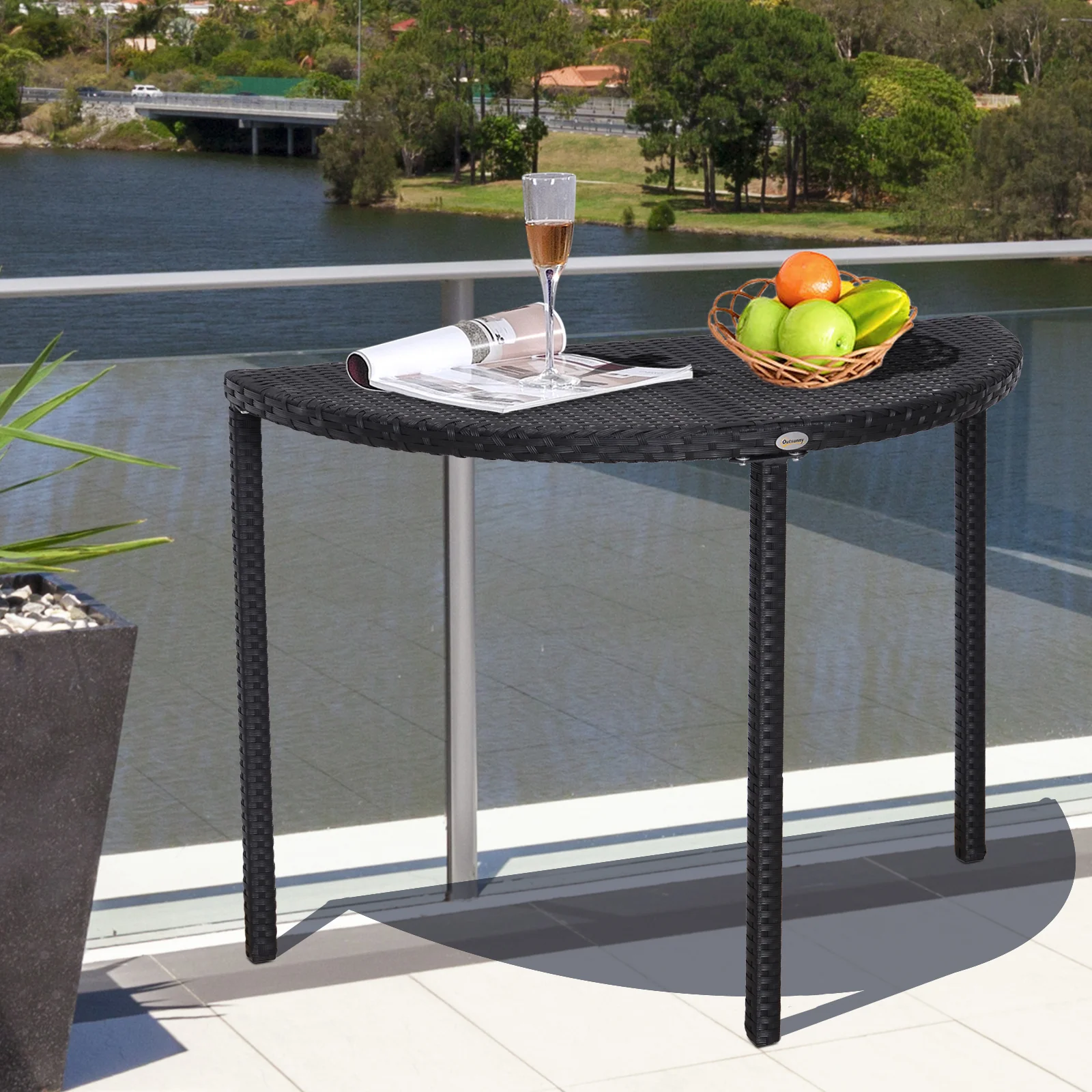Half Round Side Table, PE Rattan Narrow Coffee Table with Metal Frame for Patio, Garden, Balcony, 39.4" x 19.7" x 29.1", Black - Image 4