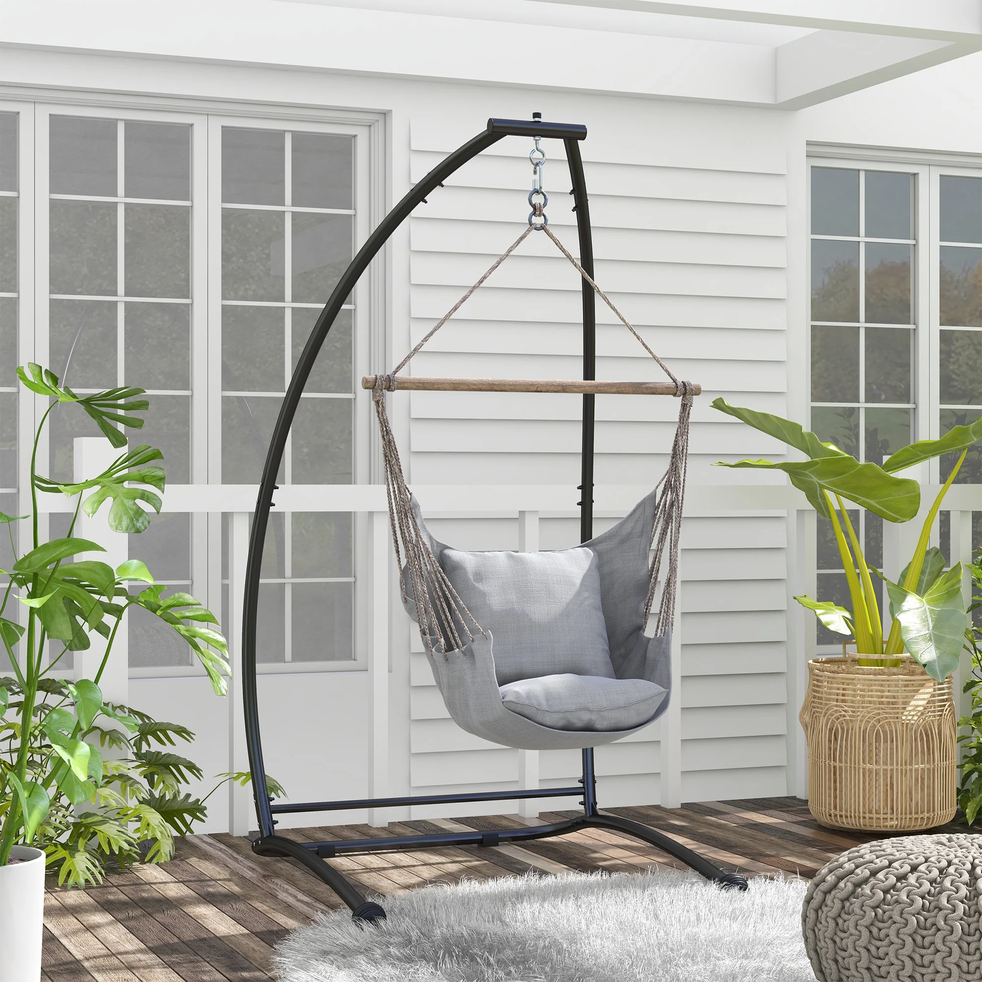 Hammock Chair Stand, C Shape Hanging Heavy Duty Metal Frame Hammock Stand for Hanging Hammock Porch Swing Chair, 330 LBS Capacity for Indoor & Outdoor Use, Black - Image 3