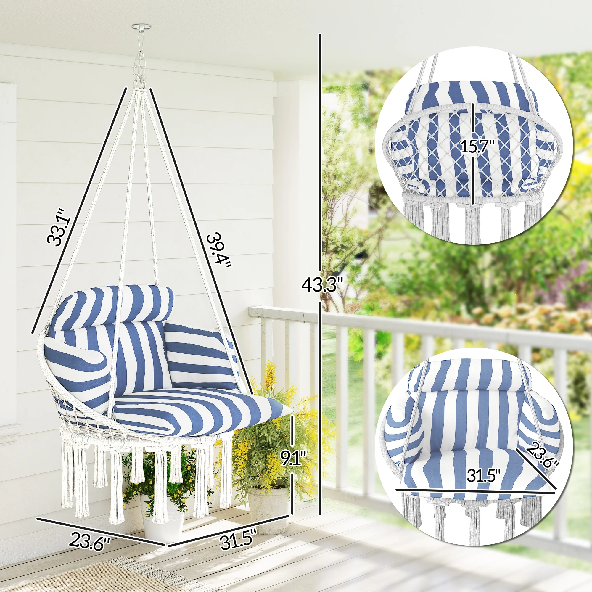 Hammock Swing Chair, Outdoor Hanging Chair with Large Cushion, Cotton Rope Weaving Macrame Swing with Chain, 265 LBS Capacity for Indoor, Outdoor, Bedroom, Patio, Balcony, Blue and White - Image 5