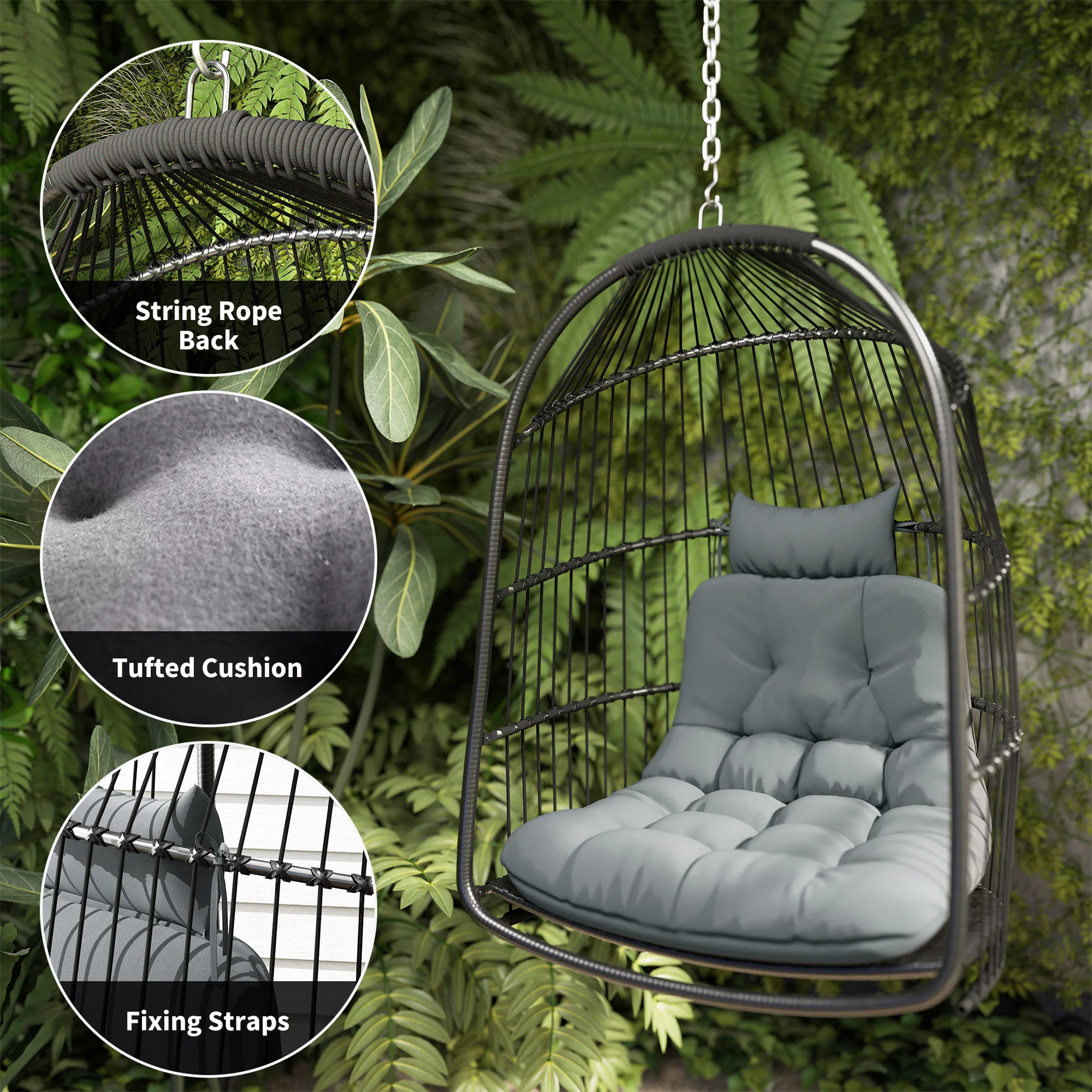 Hanging Egg Chair, Foldable Rattan Garden Swing Chair with Installation Kit, Thickened Cushion and Headrest, Hanging Egg Basket Seat for Patio, Porch, Dark Grey - Image 9
