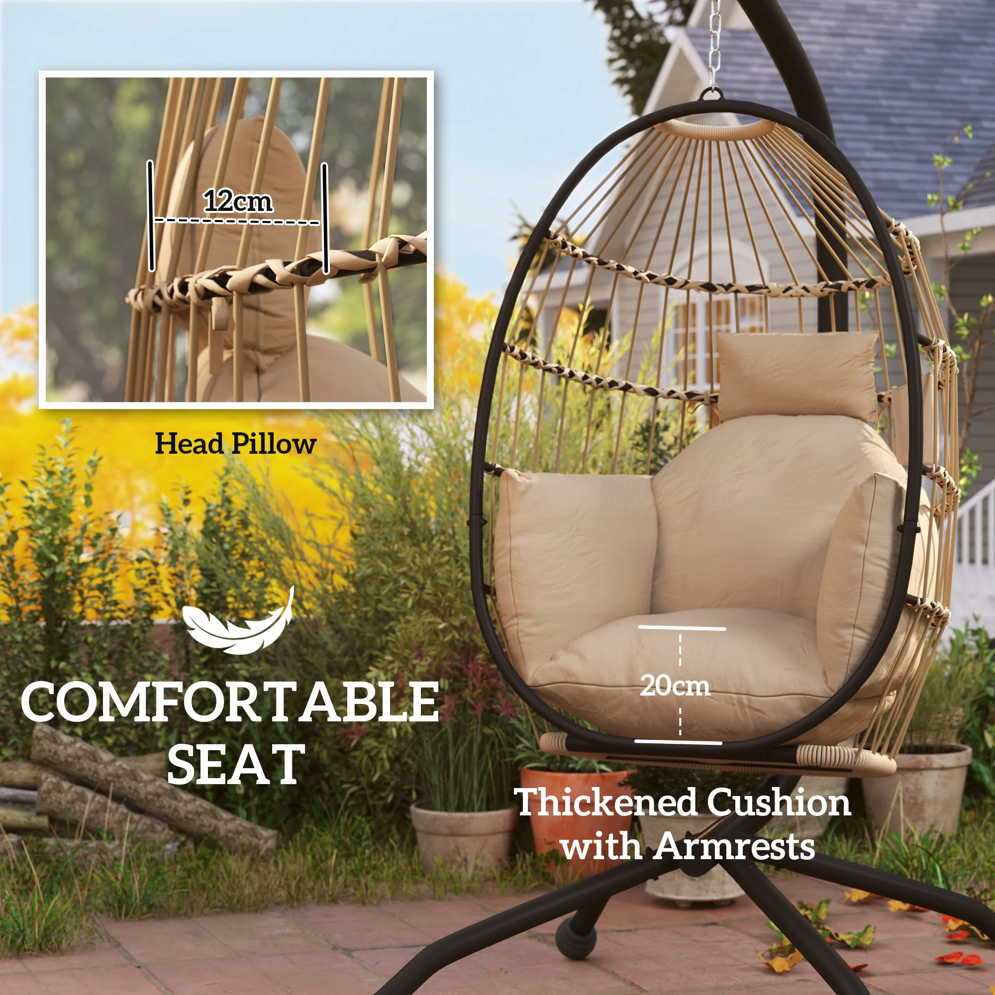 Hanging Egg Chair Outdoor Indoor Garden Swing Chair with Folding Basket and Thickened Cushion, Garden Hanging Chair with Stand, Headrest, Cup Holder for Patio, Balcony, Khaki - Image 6