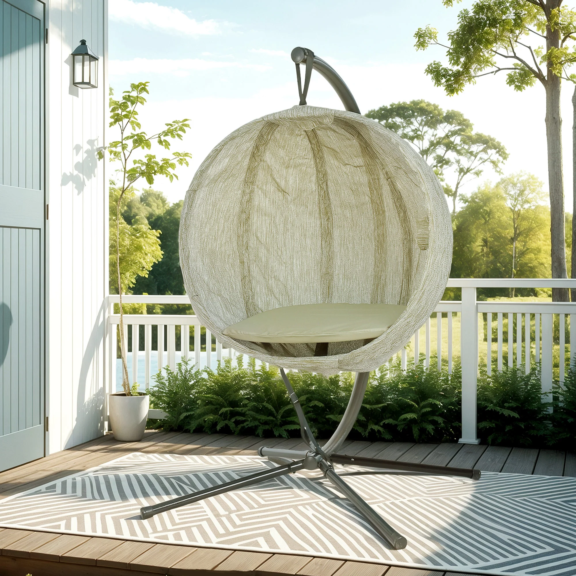 Hanging Egg Chair Outdoor Indoor Garden Swing Chair with Folding Basket, Garden Hanging Chair with Stand, Thickened Cushion, Cup Holder for Patio, Balcony, Khaki - Image 11