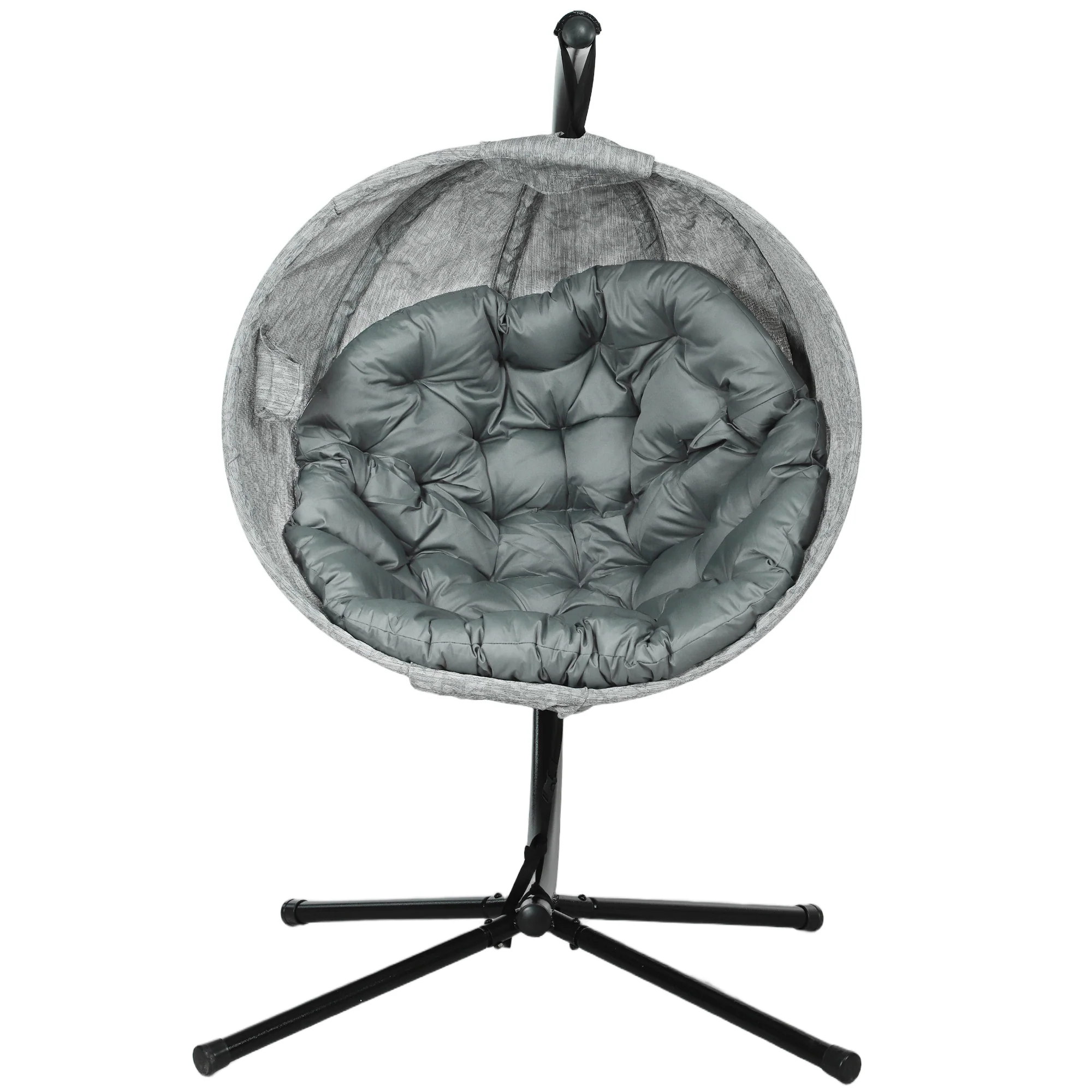 Hanging Egg Chair Outdoor Indoor Garden Swing Chair with Folding Basket, Garden Hanging Chair with Stand, Thickened Cushion, Cup Holder for Patio, Balcony, Grey - Image 2