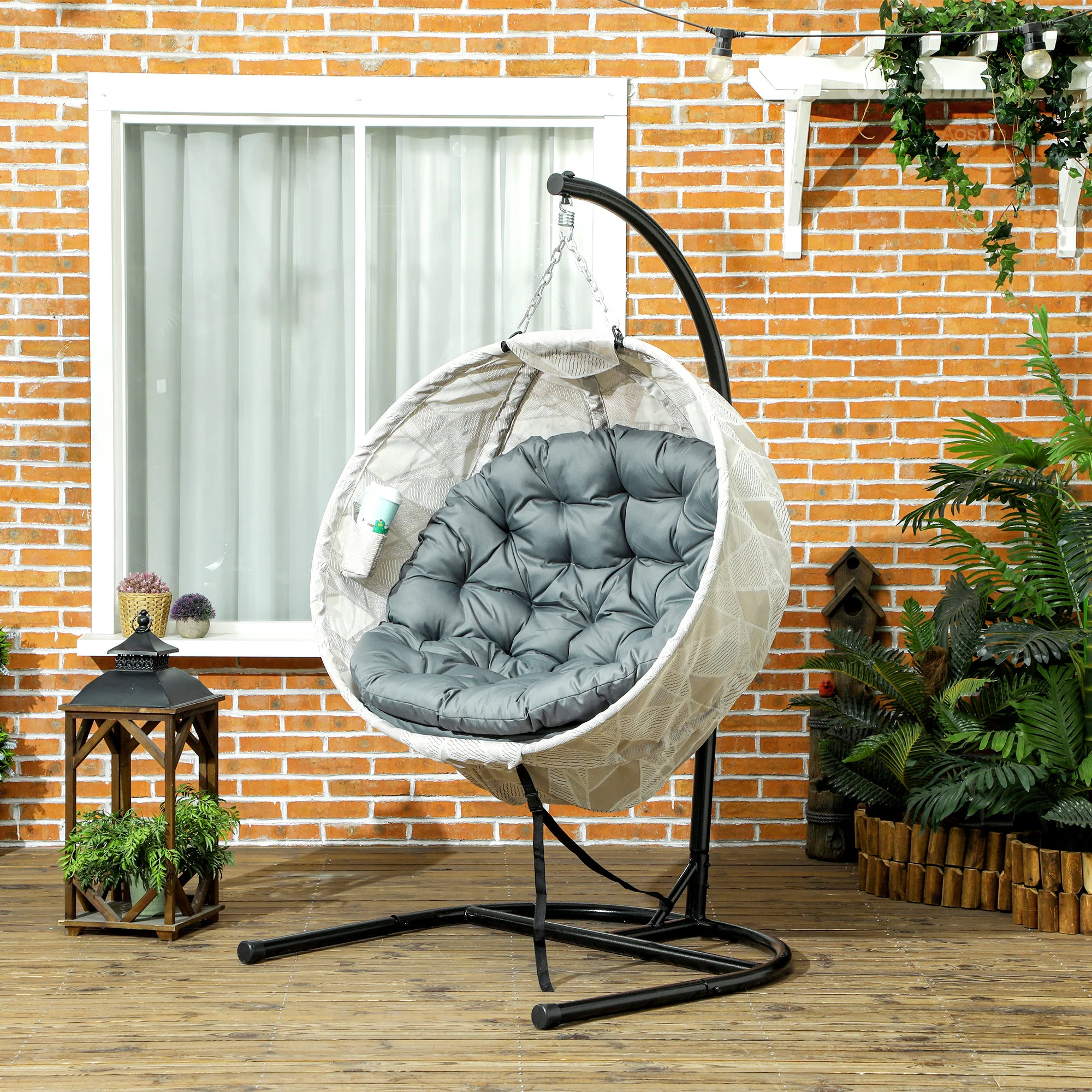 Hanging Egg Chair Outdoor Indoor Garden Swing Chair with Folding Basket, Garden Hanging Chair with Stand, Thickened Cushion, Cup Holder for Patio, Balcony, Grey - Image 4