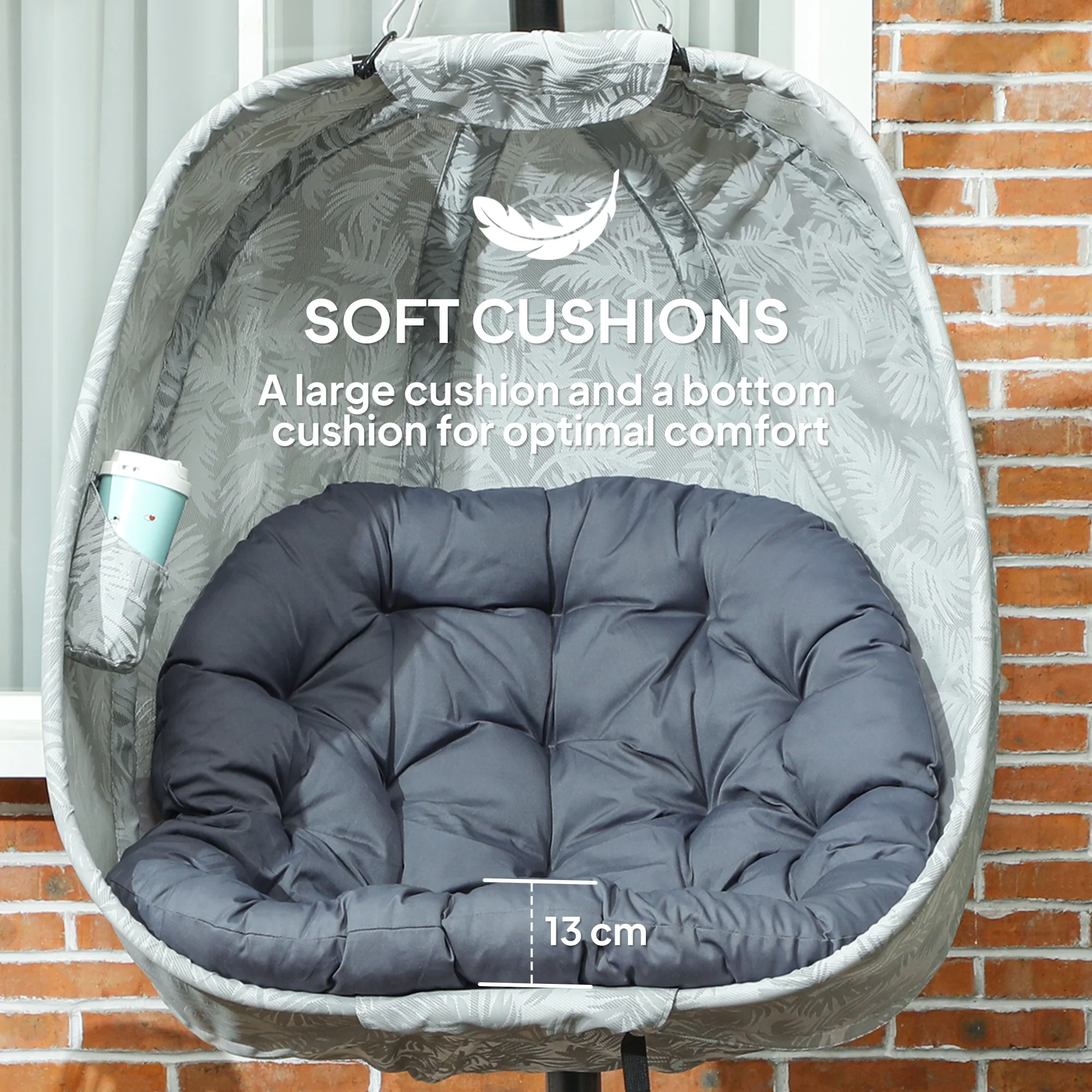 Hanging Egg Chair Outdoor Indoor Garden Swing Chair with Folding Basket, Garden Hanging Chair with Stand, Thickened Cushion, Cup Holder for Patio, Balcony, Grey - Image 6