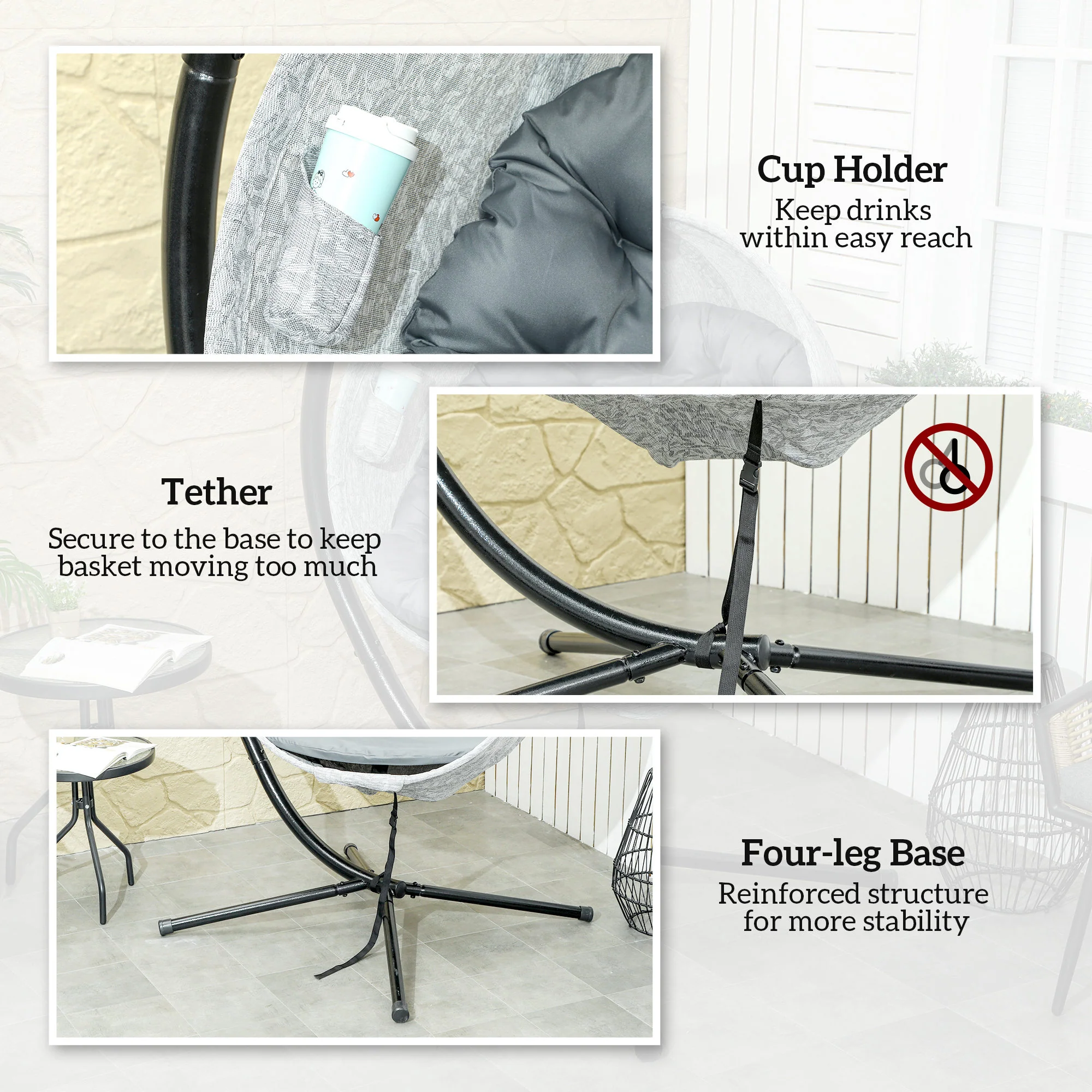 Hanging Egg Chair Outdoor Indoor Garden Swing Chair with Folding Basket, Garden Hanging Chair with Stand, Thickened Cushion, Cup Holder for Patio, Balcony, Grey - Image 9