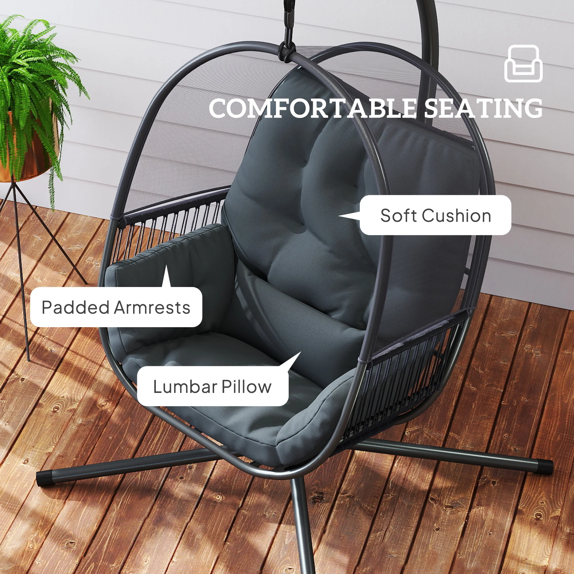 Hanging Egg Chair Outdoor Indoor, Swing Hammock Chair with Stand, Cushions, Lumbar Pillow, Adjustable Height and Steel Frame for Garden Patio Lounge Porch, Dark Grey - Image 7