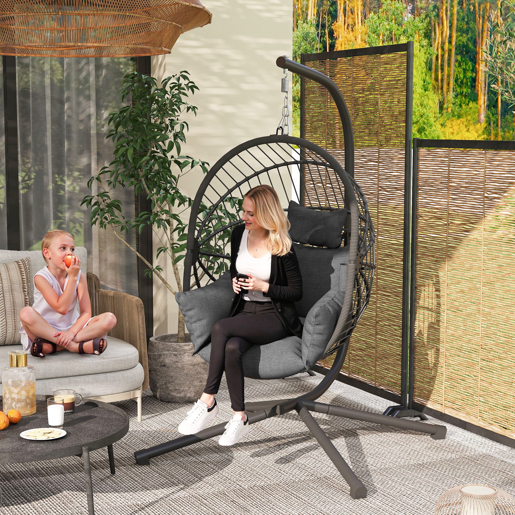 Metal Stand Hanging Egg Chair, with Full Body Padded Seat - Grey - Image 3