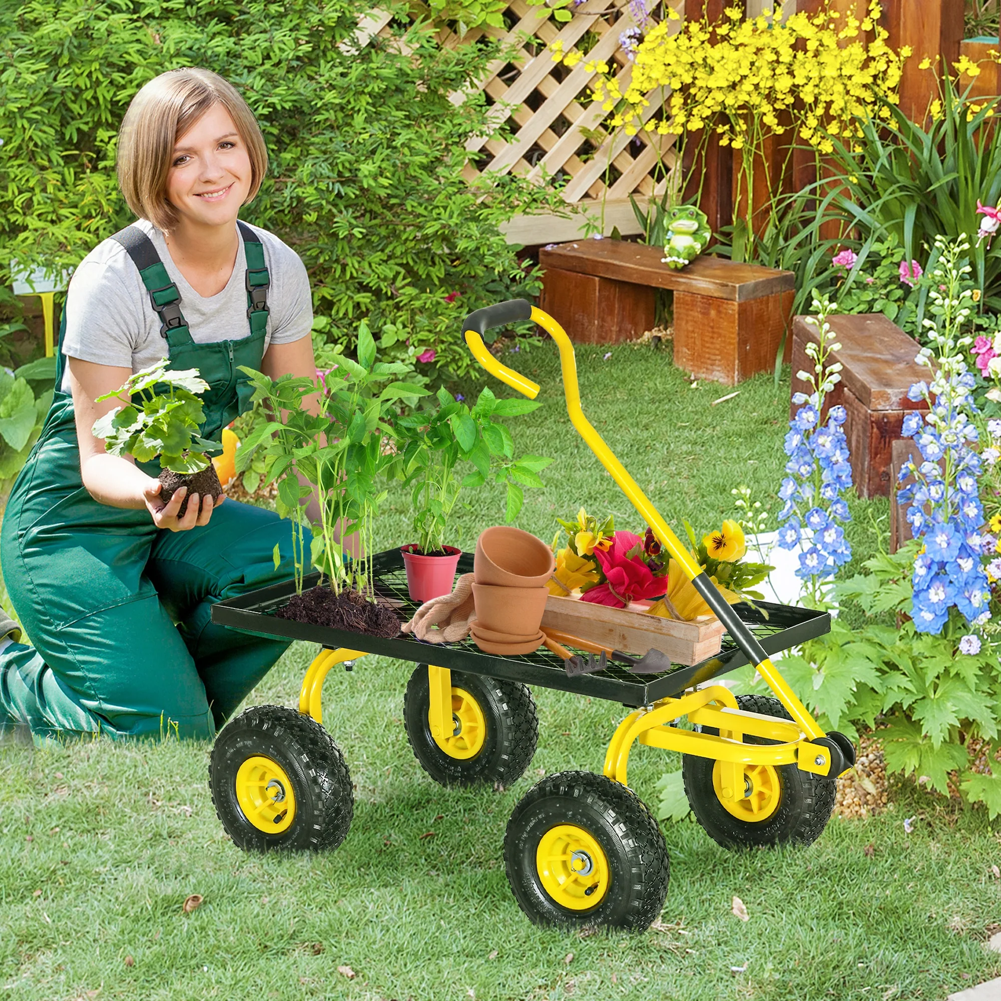 Heavy Duty Garden Wagon with 10" Wheels and Rotating Handle, 330 lb Capacity, Yellow - Image 3