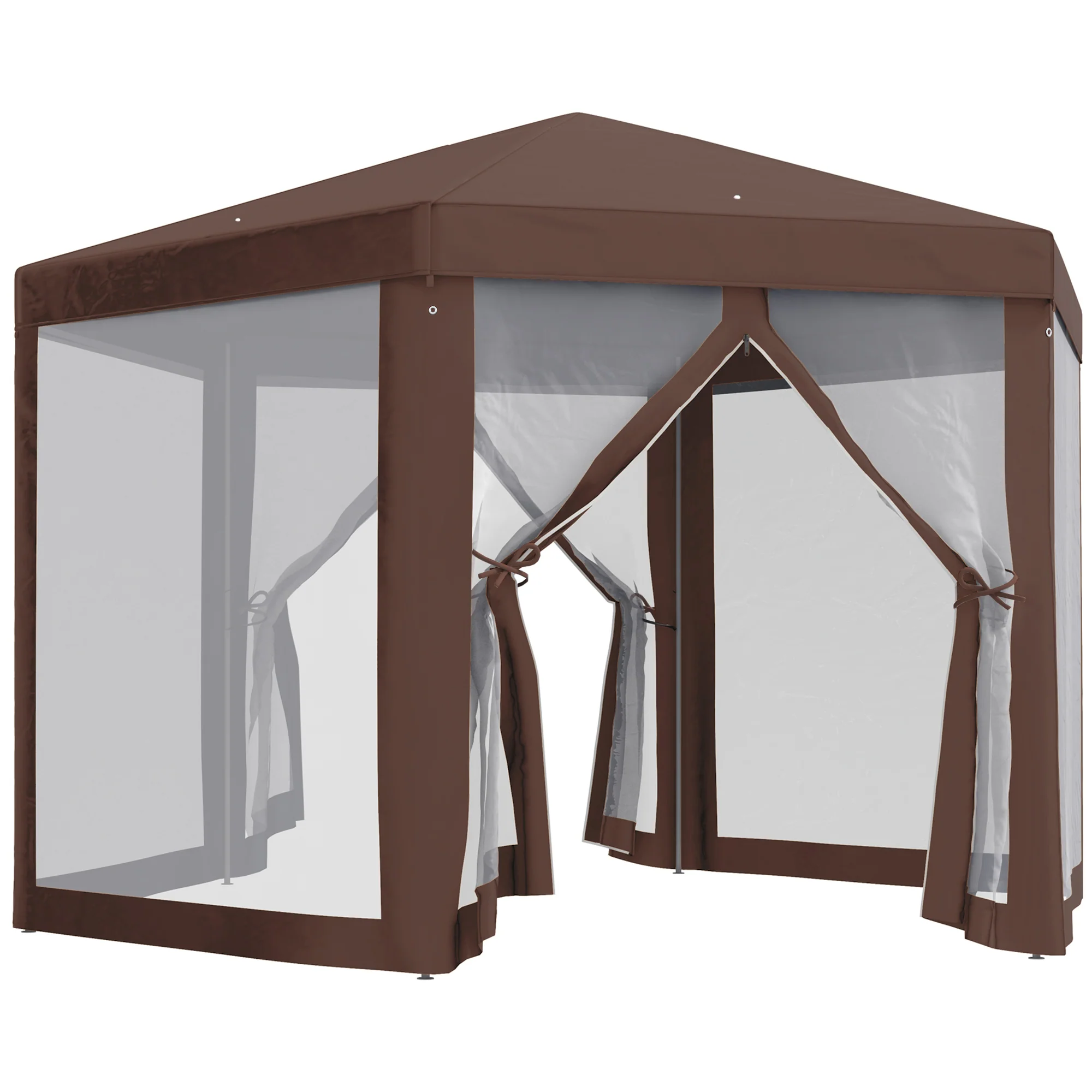 Hexagonal Gazebo Party Tent, Sun Shelter with Mosquito Netting & Zipped Door, Brown - Image 12