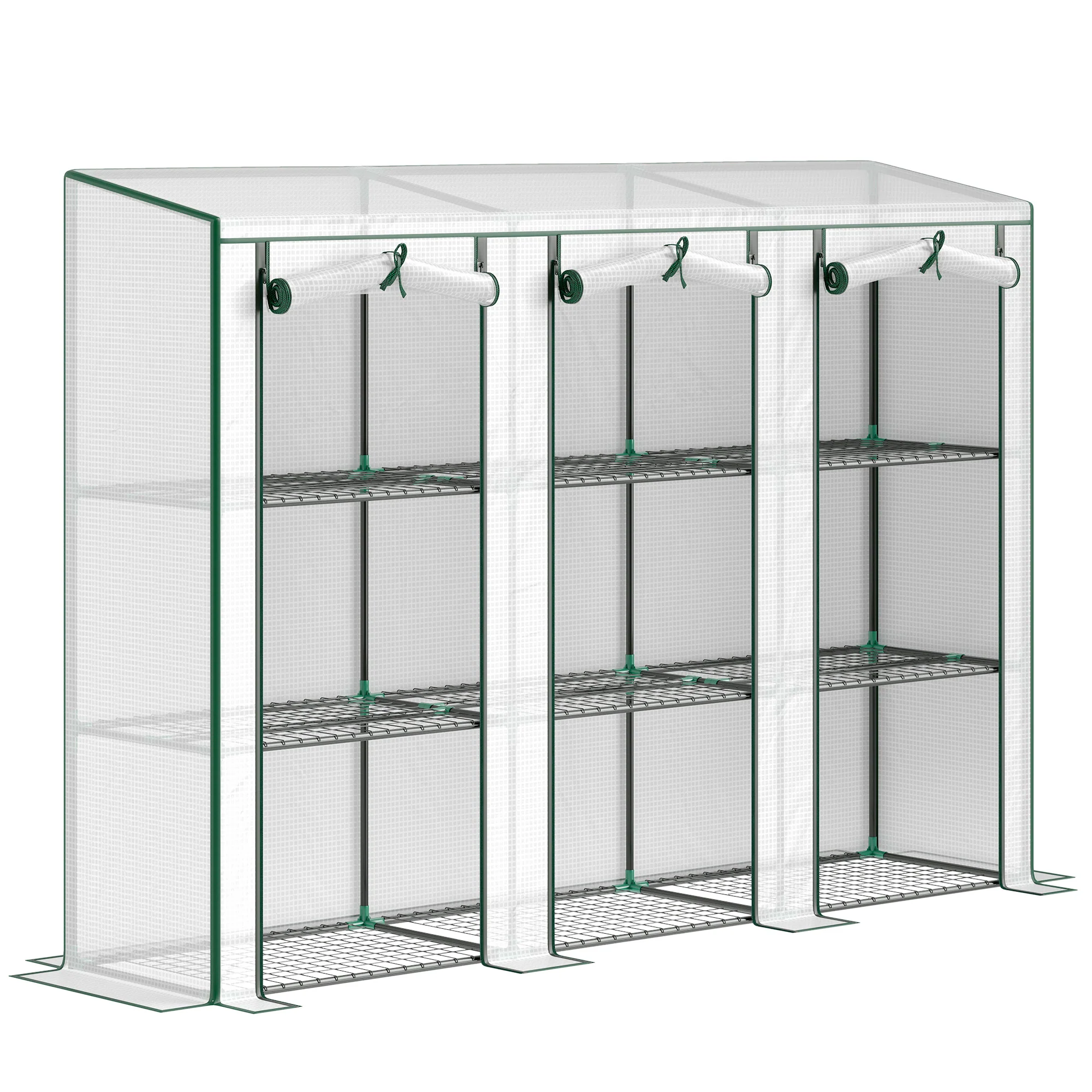 Lean-to Mini Greenhouse with 3 Tier Shelves & 3 Roll-Up Doors, 84.6" x 18.1" x 56.7", White - Image 12
