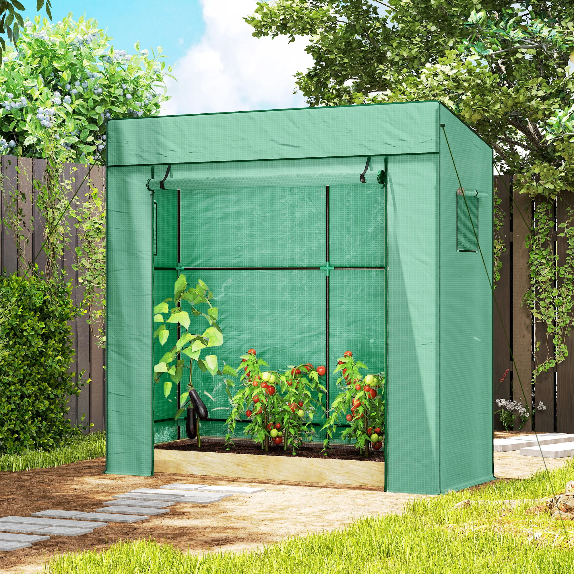 Walk-in Tomato Greenhouse Lean-to Green House with Reinforced PE Cover, Roll-up Door, Mesh Windows, Green - Image 10