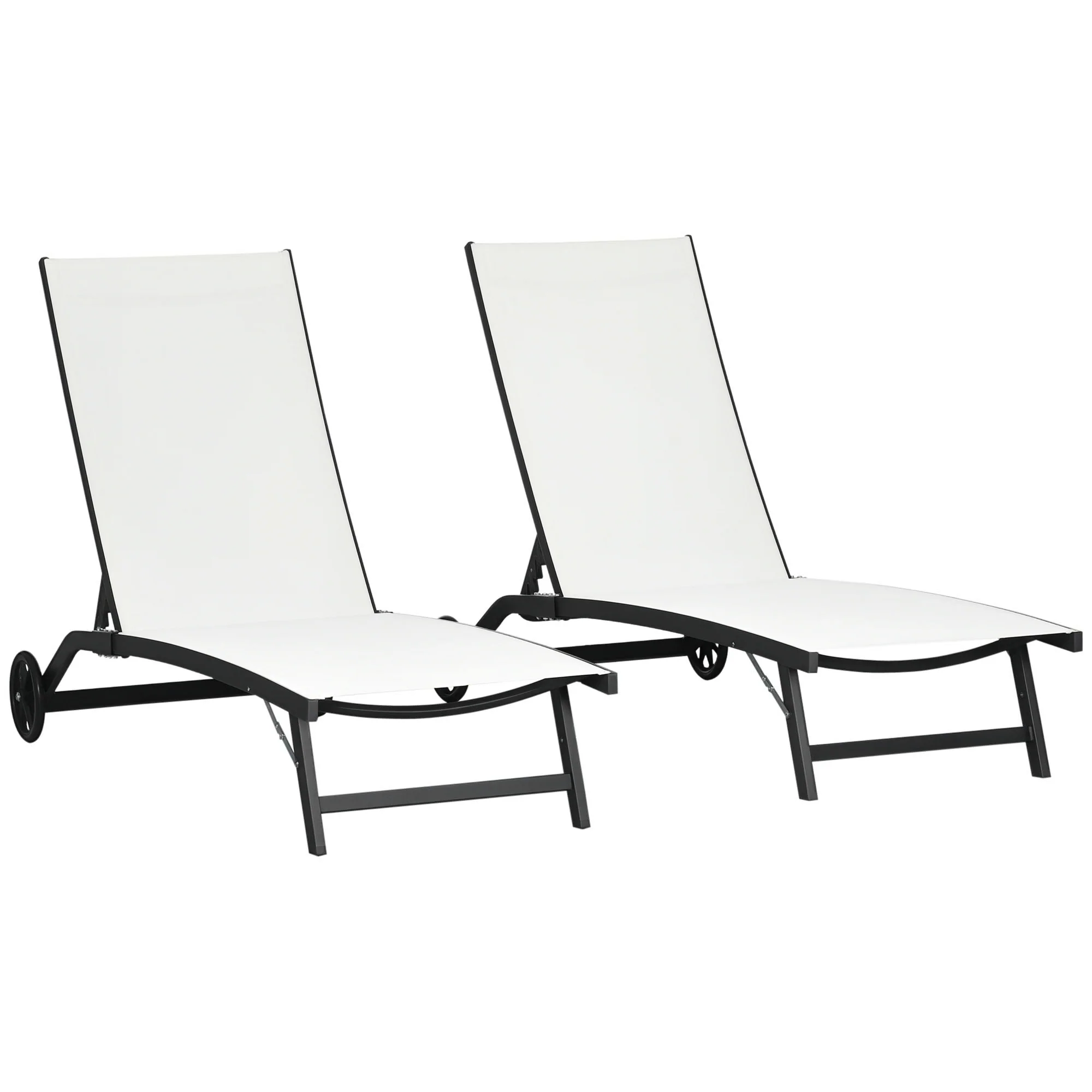 Outdoor Lounge Chair Set of 2, Tanning Chair with Wheels, Breathable Mesh for Patio, Backyard, Poolside, Cream White