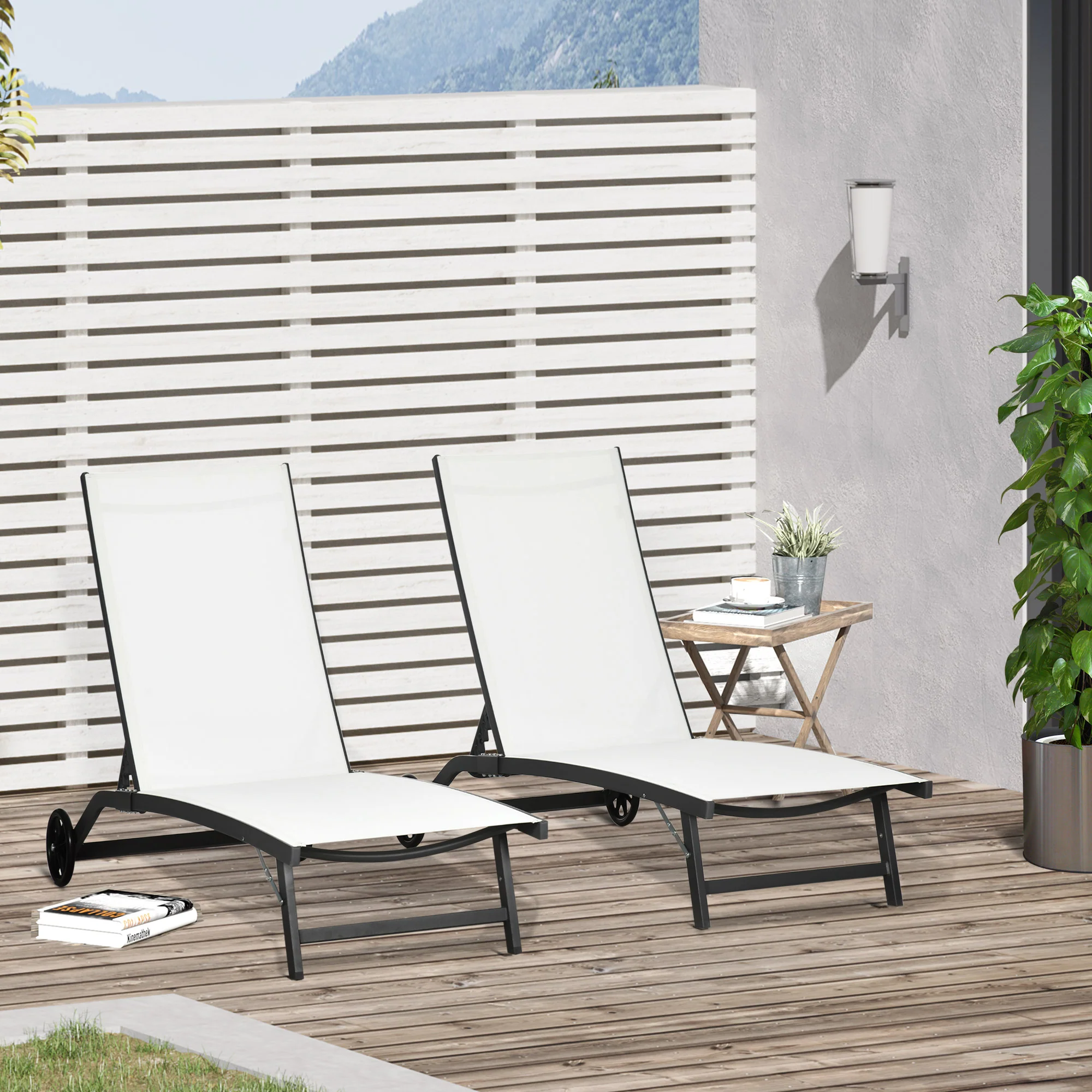 Outdoor Lounge Chair Set of 2, Tanning Chair with Wheels, Breathable Mesh for Patio, Backyard, Poolside, Cream White - Image 3