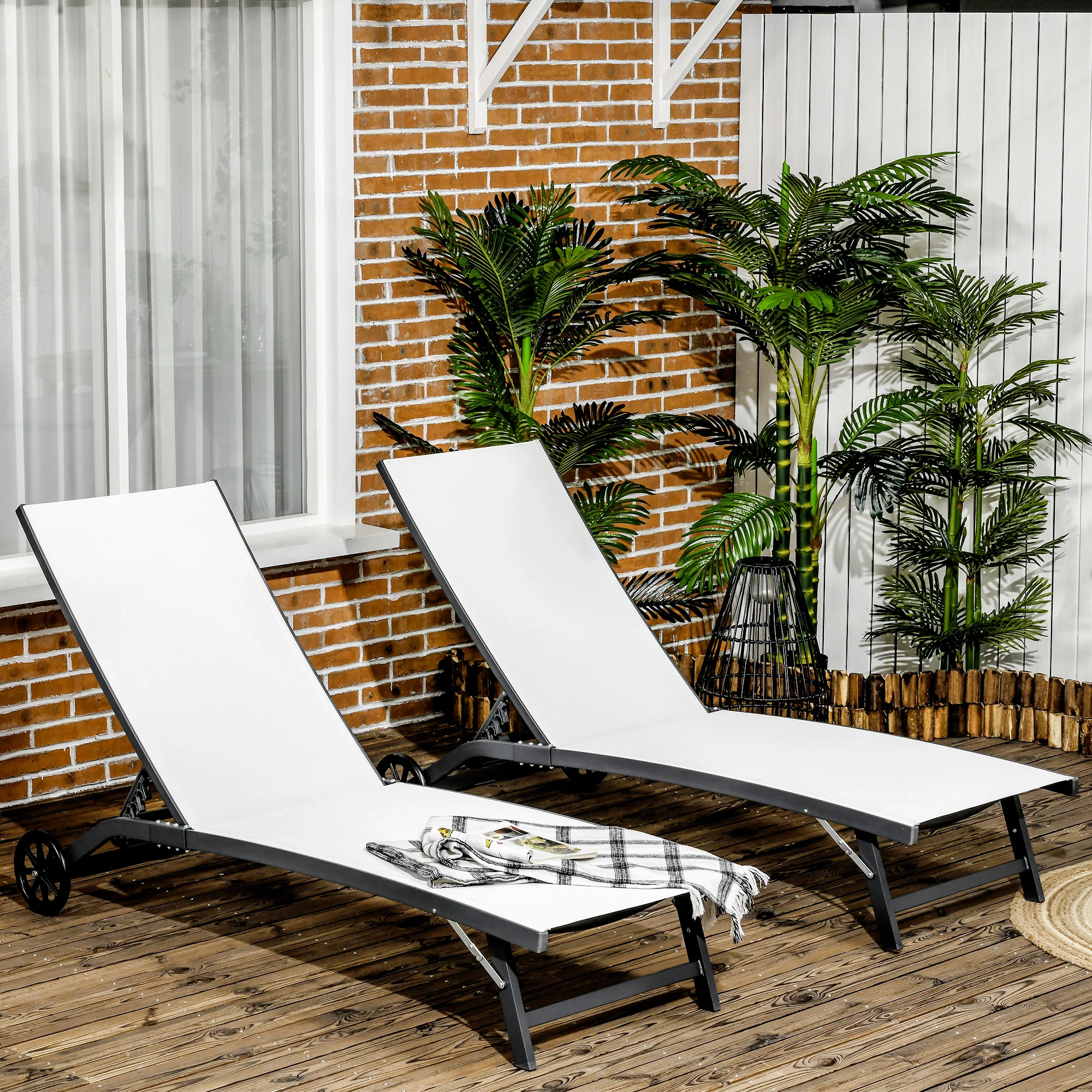 Outdoor Lounge Chair Set of 2, Tanning Chair with Wheels, Breathable Mesh for Patio, Backyard, Poolside, Cream White - Image 4