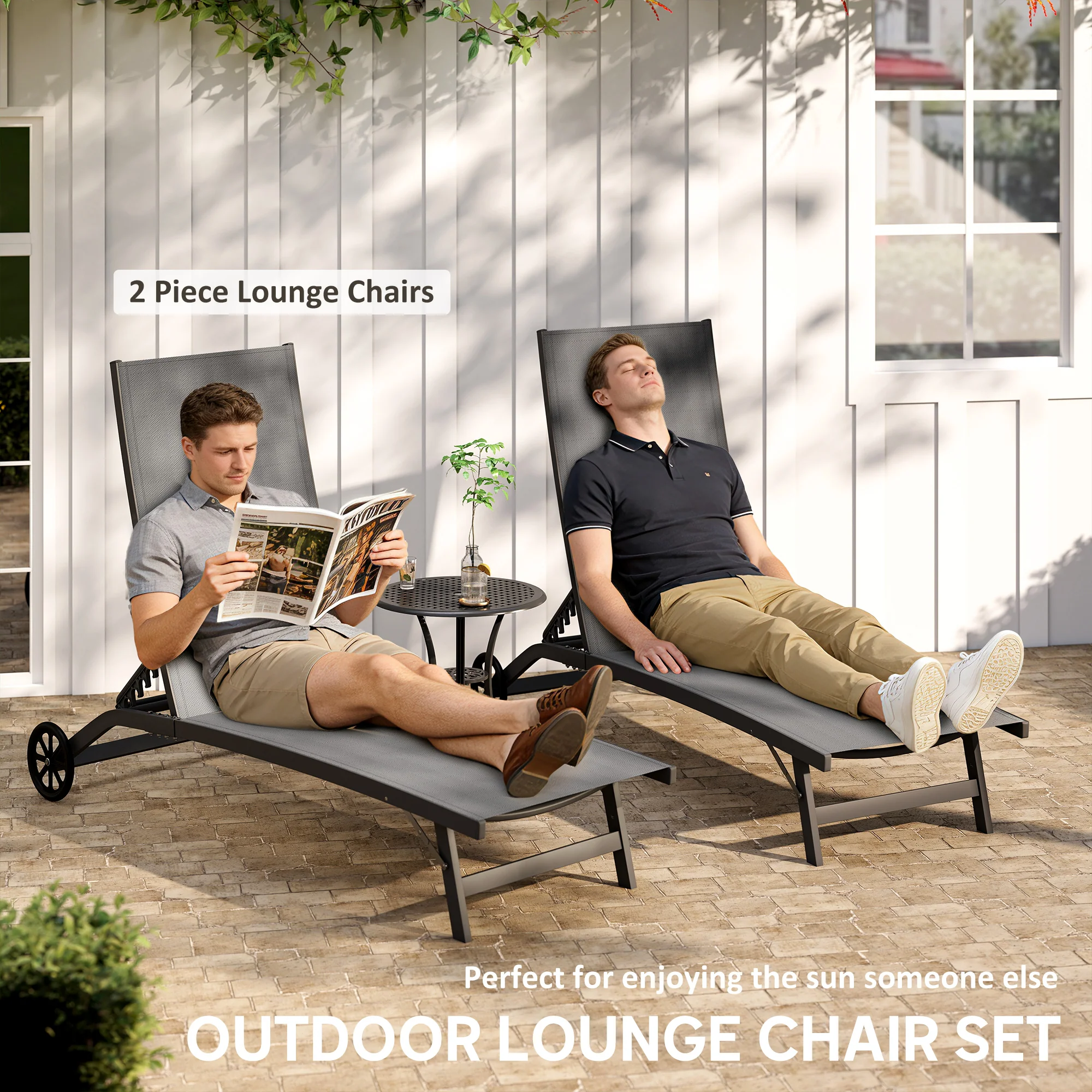 Outdoor Lounge Chair Set of 2, Tanning Chair with Wheels, Breathable Mesh for Patio, Backyard, Poolside, Dark Grey - Image 6
