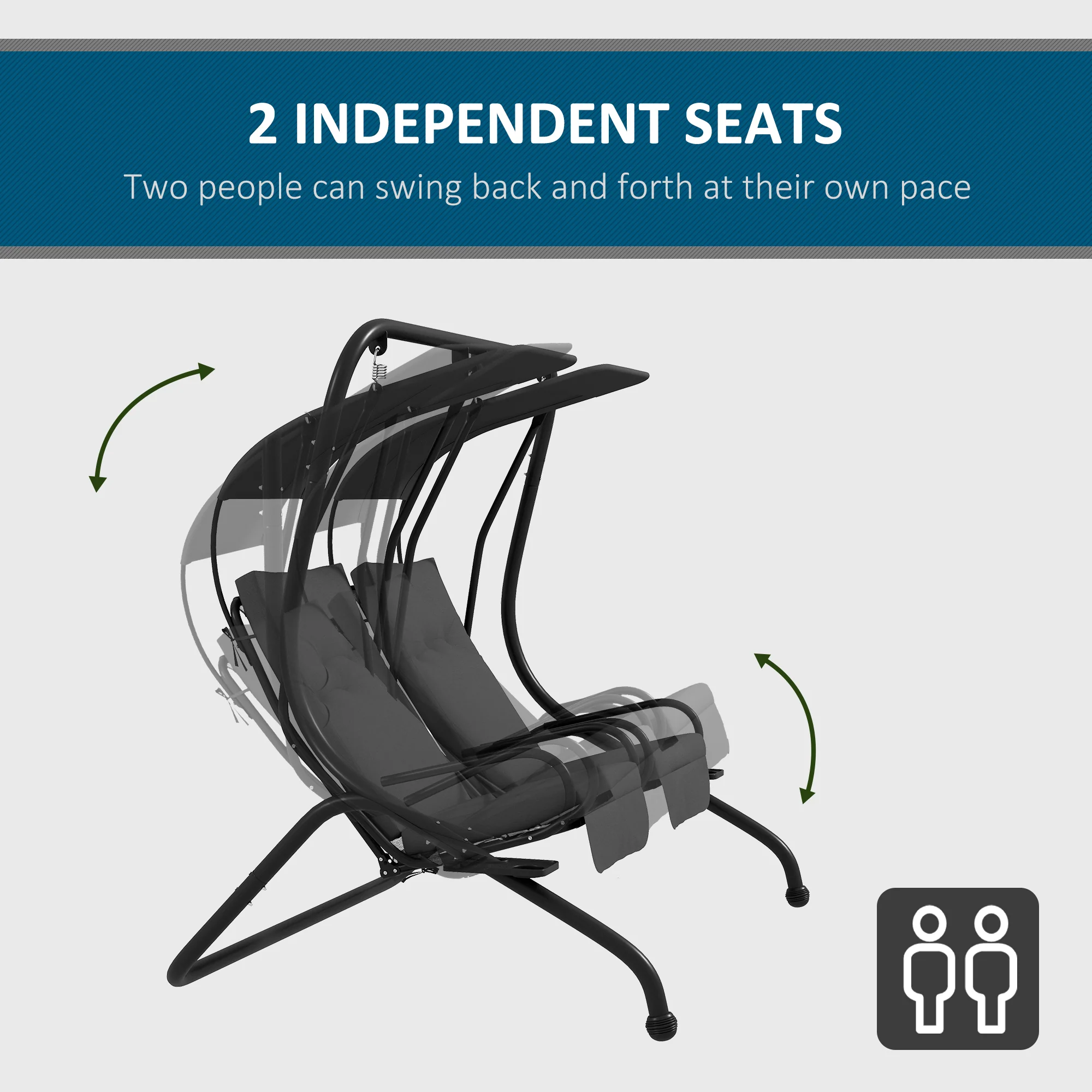 Outdoor Swing Glider with 2 Separate Seats, Removable Canopy & Cup Holders, Grey - Image 6