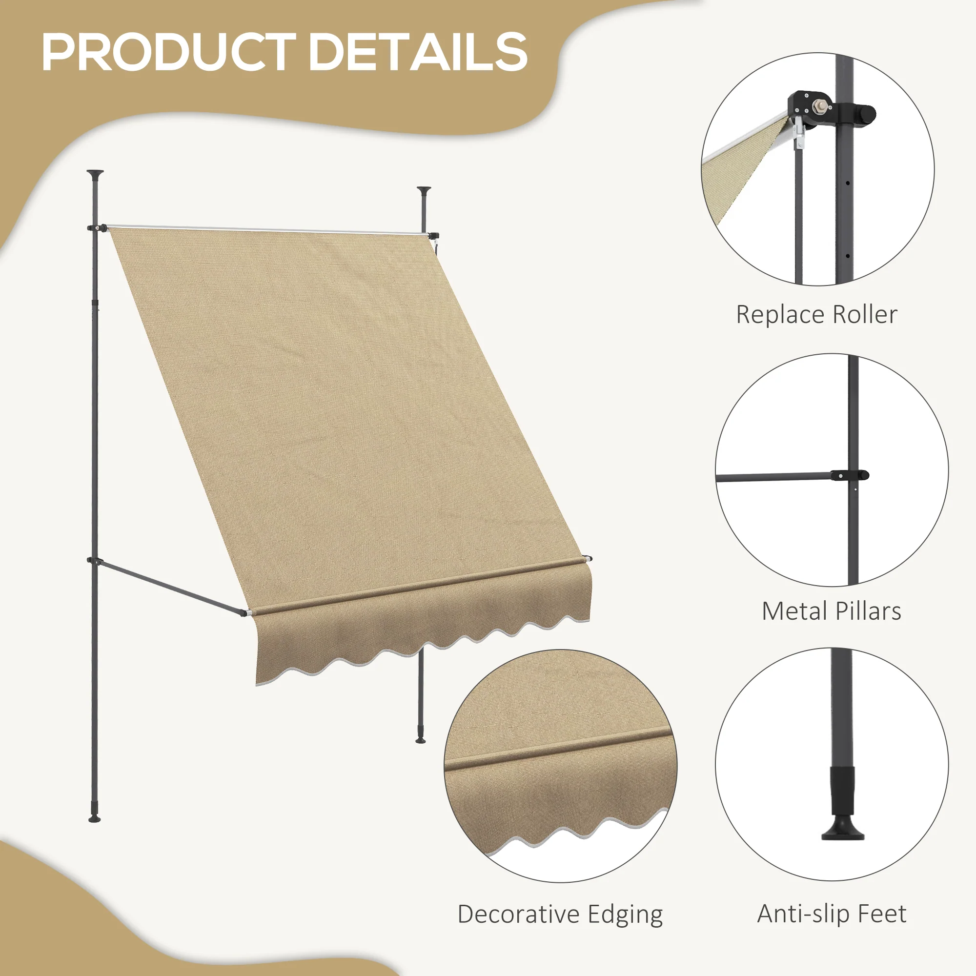 Manual Retractable Awning, 79" Non-Screw Patio Sun Shade Shelter with Support Pole Stand and UV Resistant Fabric for Window, Door, Porch, Deck, Beige - Image 9
