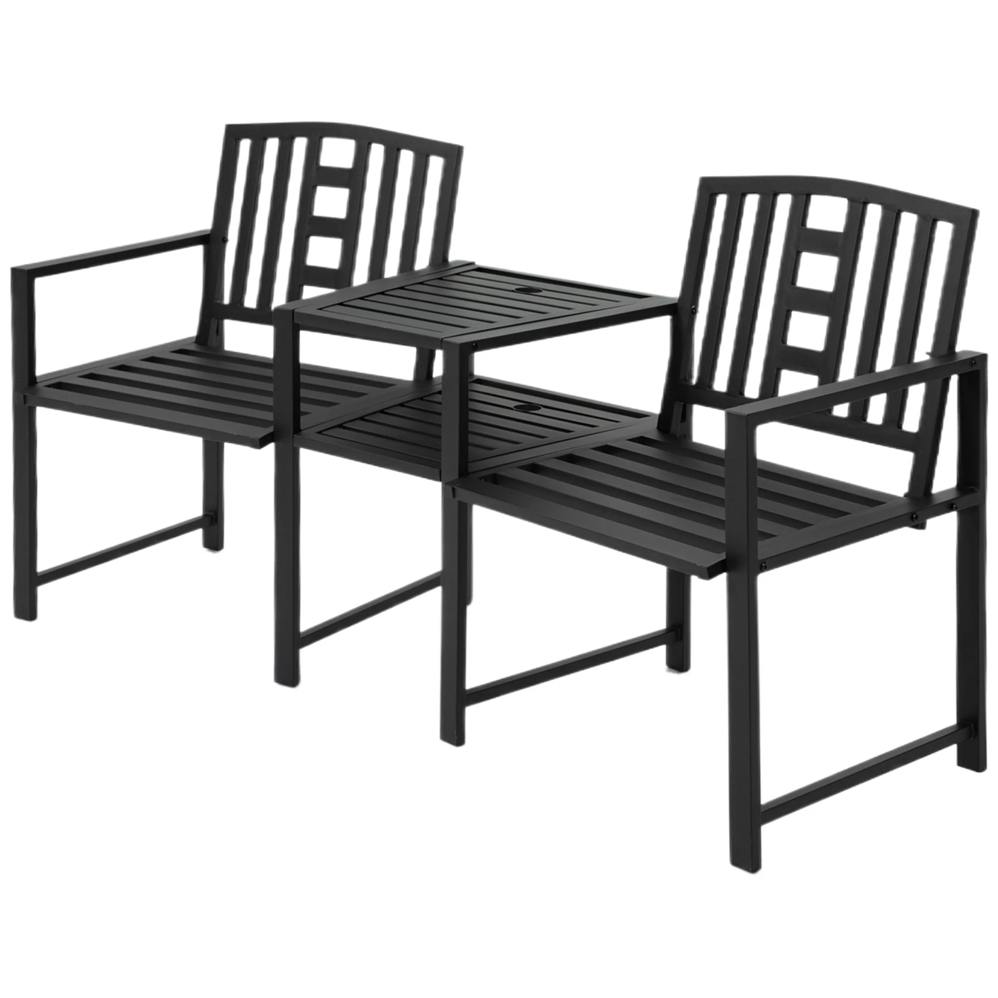 2-Seater Metal Garden Bench with Middle Table, Umbrella Hole, Slatted Seat, Black - Image 2