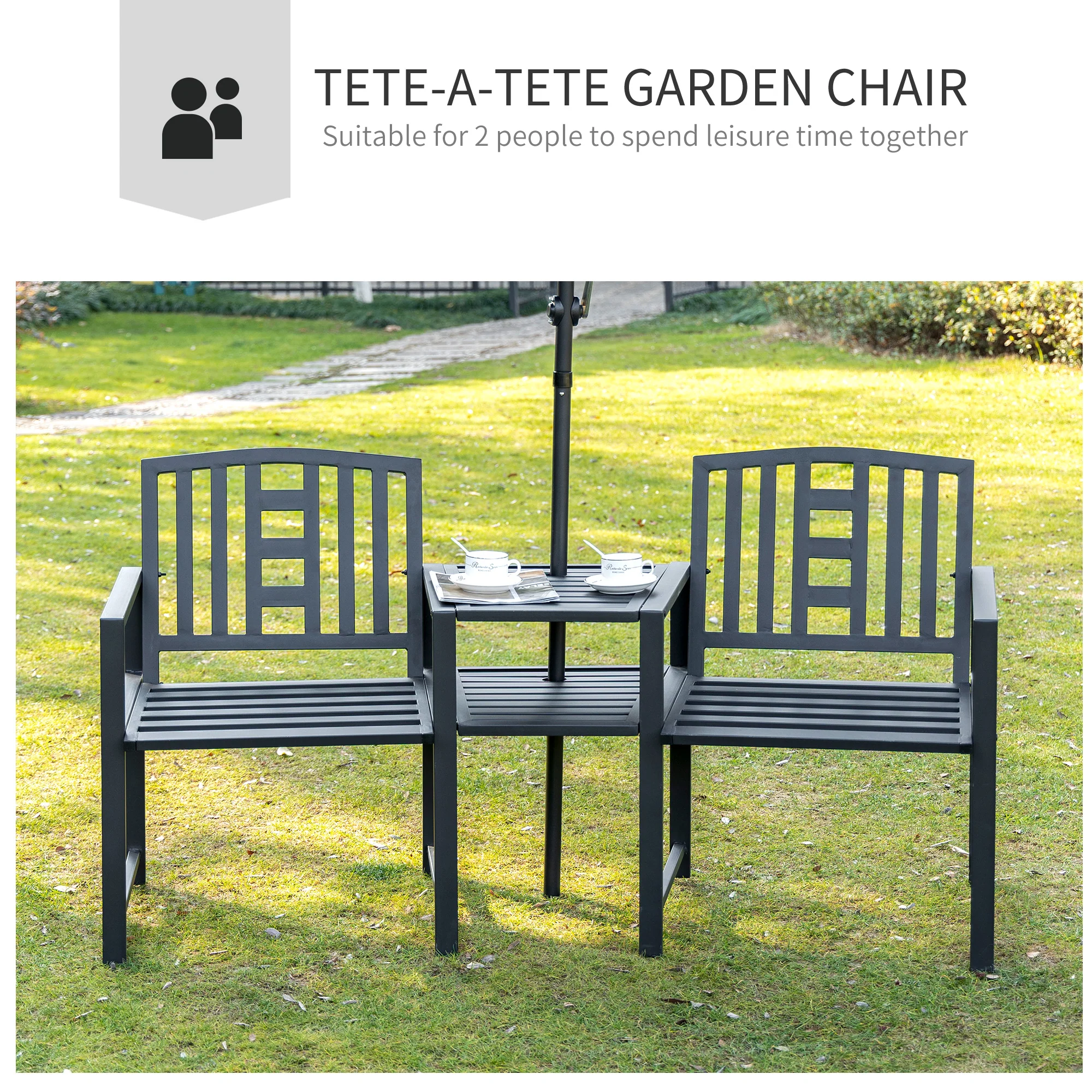2-Seater Metal Garden Bench with Middle Table, Umbrella Hole, Slatted Seat, Black - Image 6