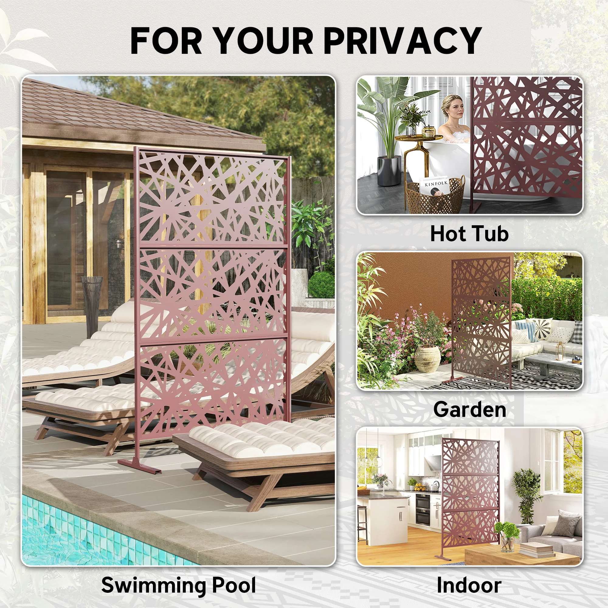 Metal Outdoor Privacy Screen, Freestanding Outdoor Divider with Stand, 78" x 48", Dark Brown - Image 9