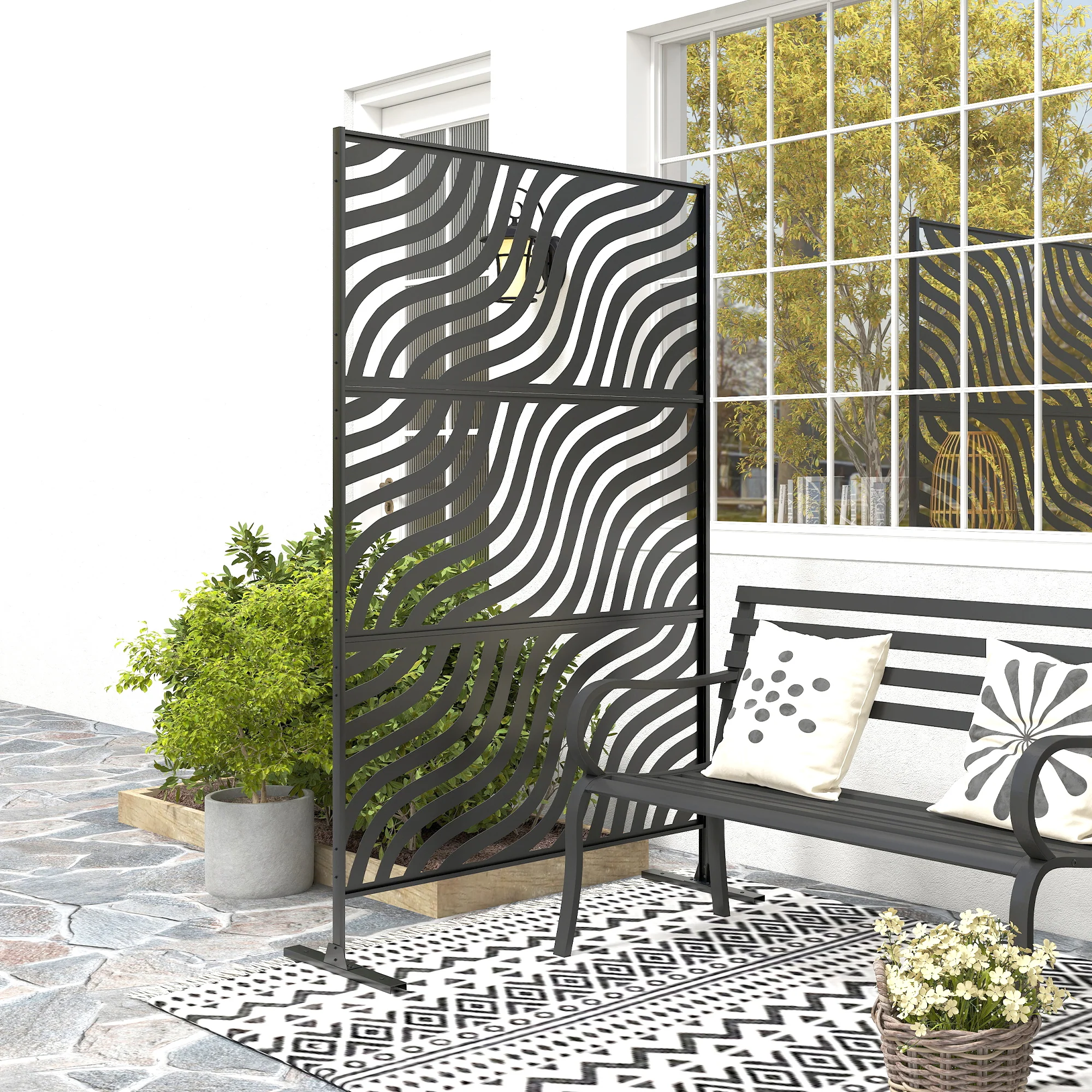 Metal Outdoor Privacy Screen, Freestanding Outdoor Divider with Stand, 78" x 48", Black - Image 10