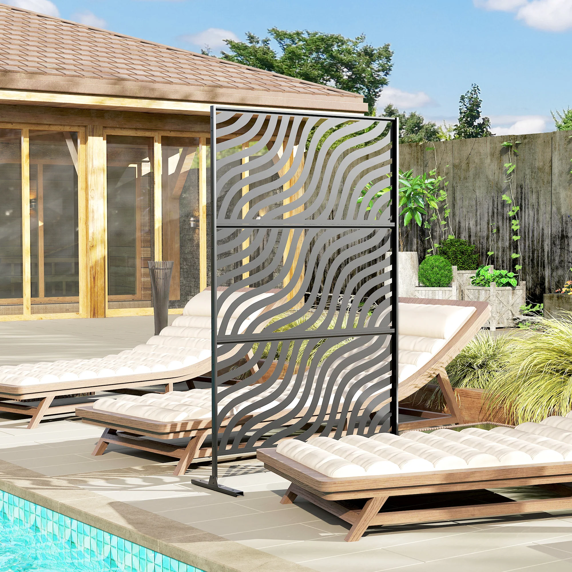 Metal Outdoor Privacy Screen, Freestanding Outdoor Divider with Stand, 78" x 48", Black - Image 4