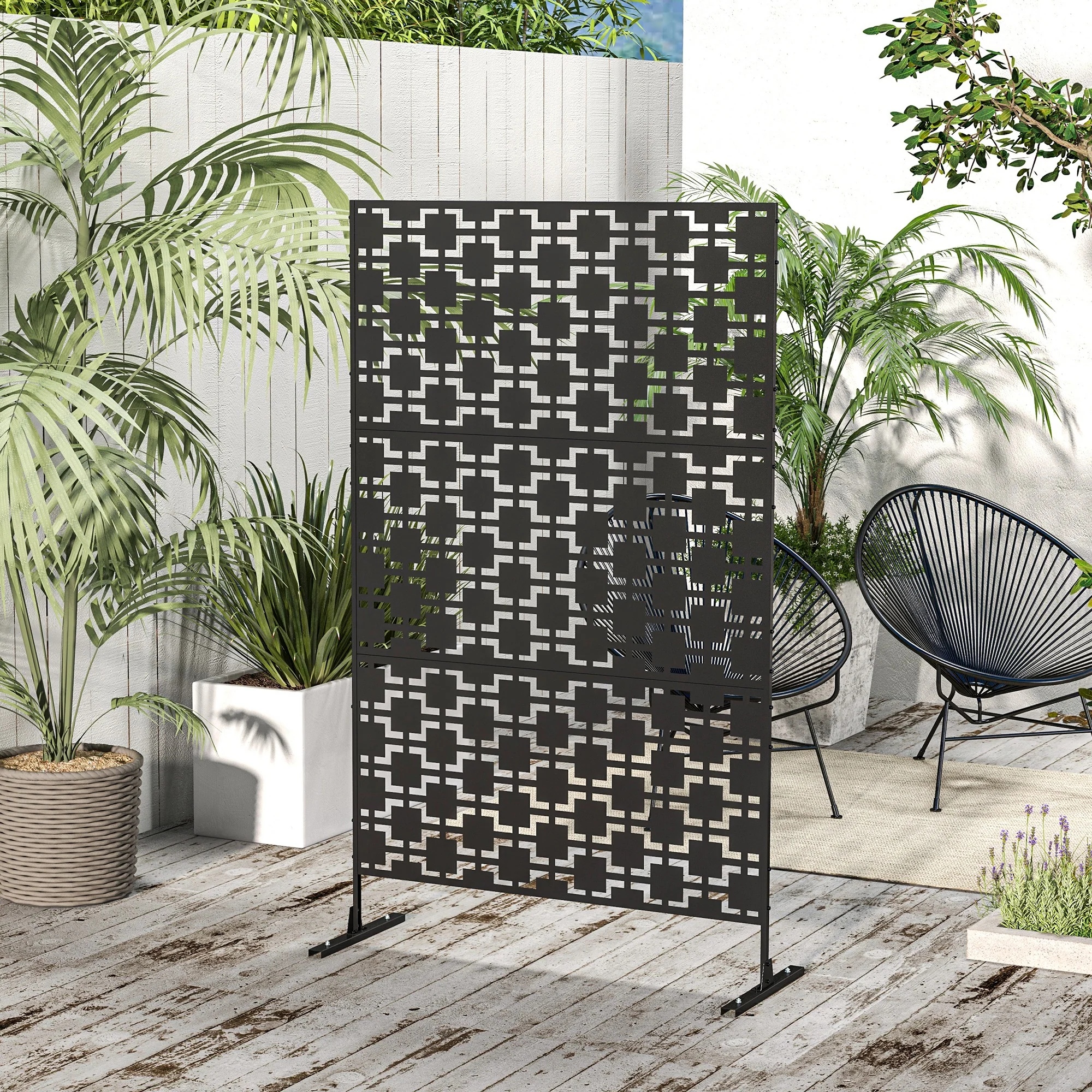 Metal Outdoor Privacy Screen, Decorative Outdoor Divider with Stand and Expansion Screws, Freestanding Privacy Panel for Garden, Backyard, Deck, Grid Style, Black - Image 4