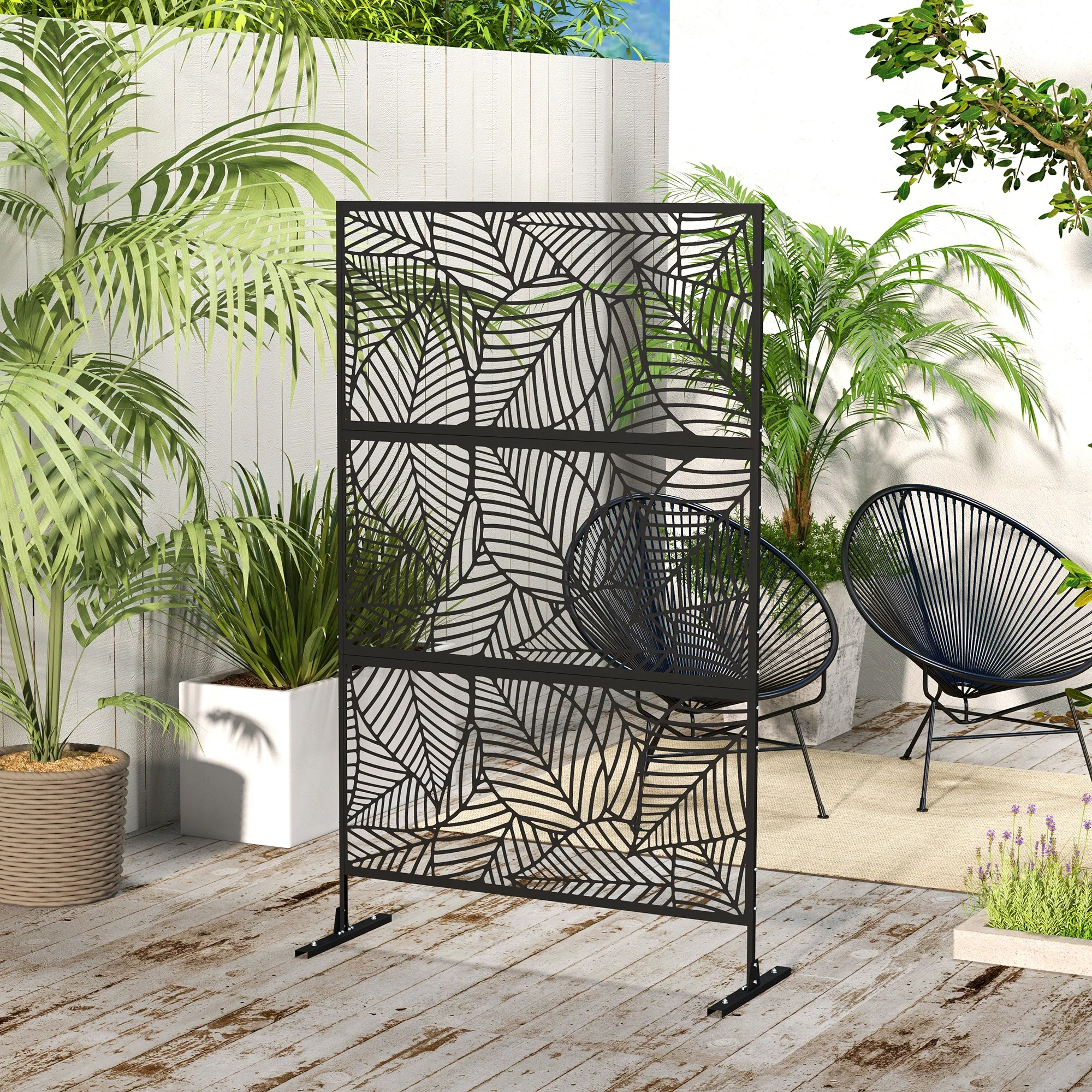 6.5FT Decorative Outdoor Divider, Metal Privacy Screen with Stand, Large Leaf Style, Black - Image 4