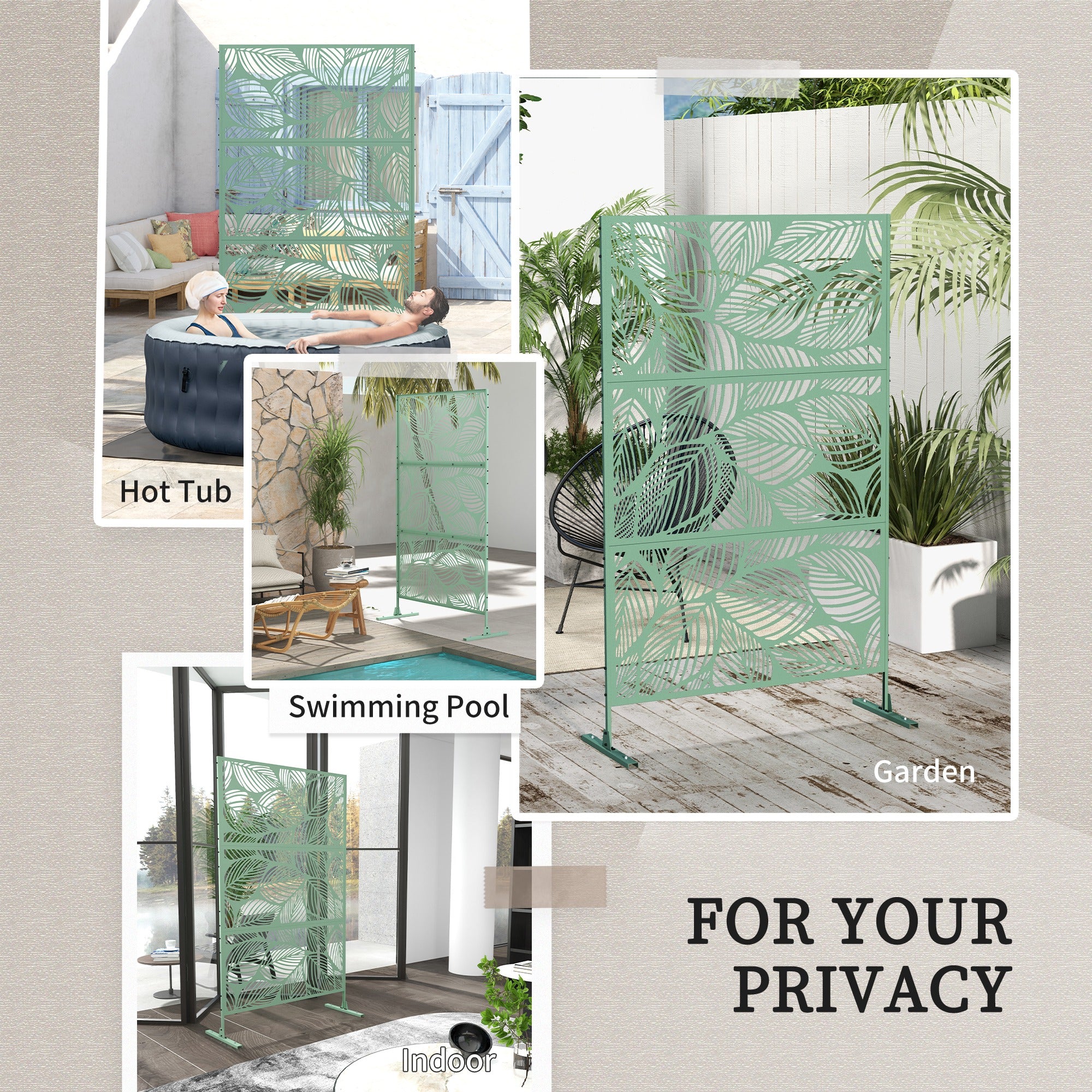 6.5FT Decorative Outdoor Divider, Metal Privacy Screen with Stand, Leaf Style, Light Green - Image 8
