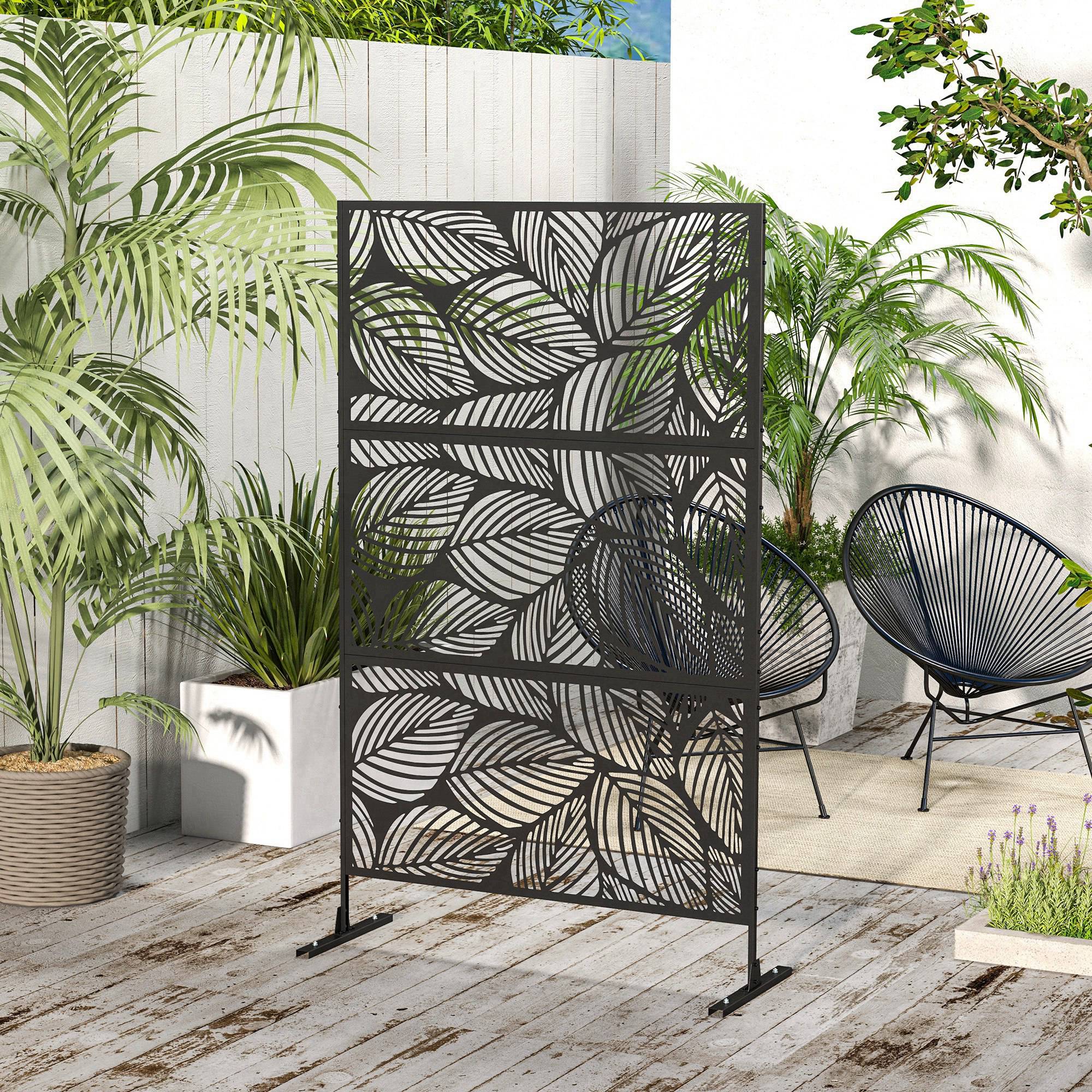 6.5FT Decorative Outdoor Divider, Metal Privacy Screen with Stand, Leaf Style, Black - Image 4