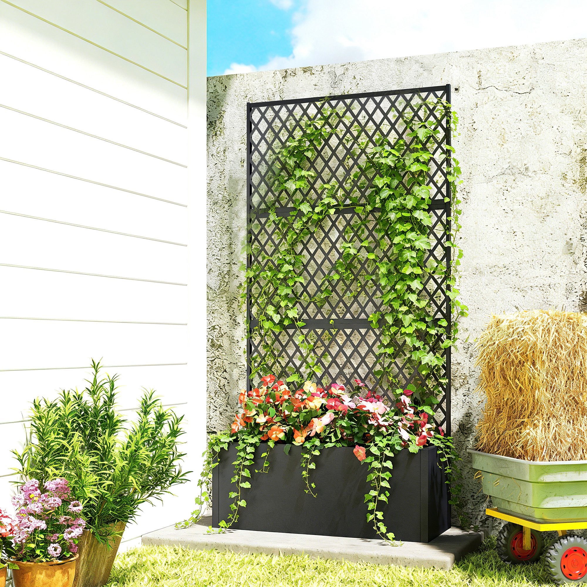 Metal Planter Box with Trellis, Raised Garden Bed with Trellis Privacy Screen and Drainage Holes for Climbing Plants, Diamond Lattice Privacy Planter for Garden, Patio, Balcony - Image 3