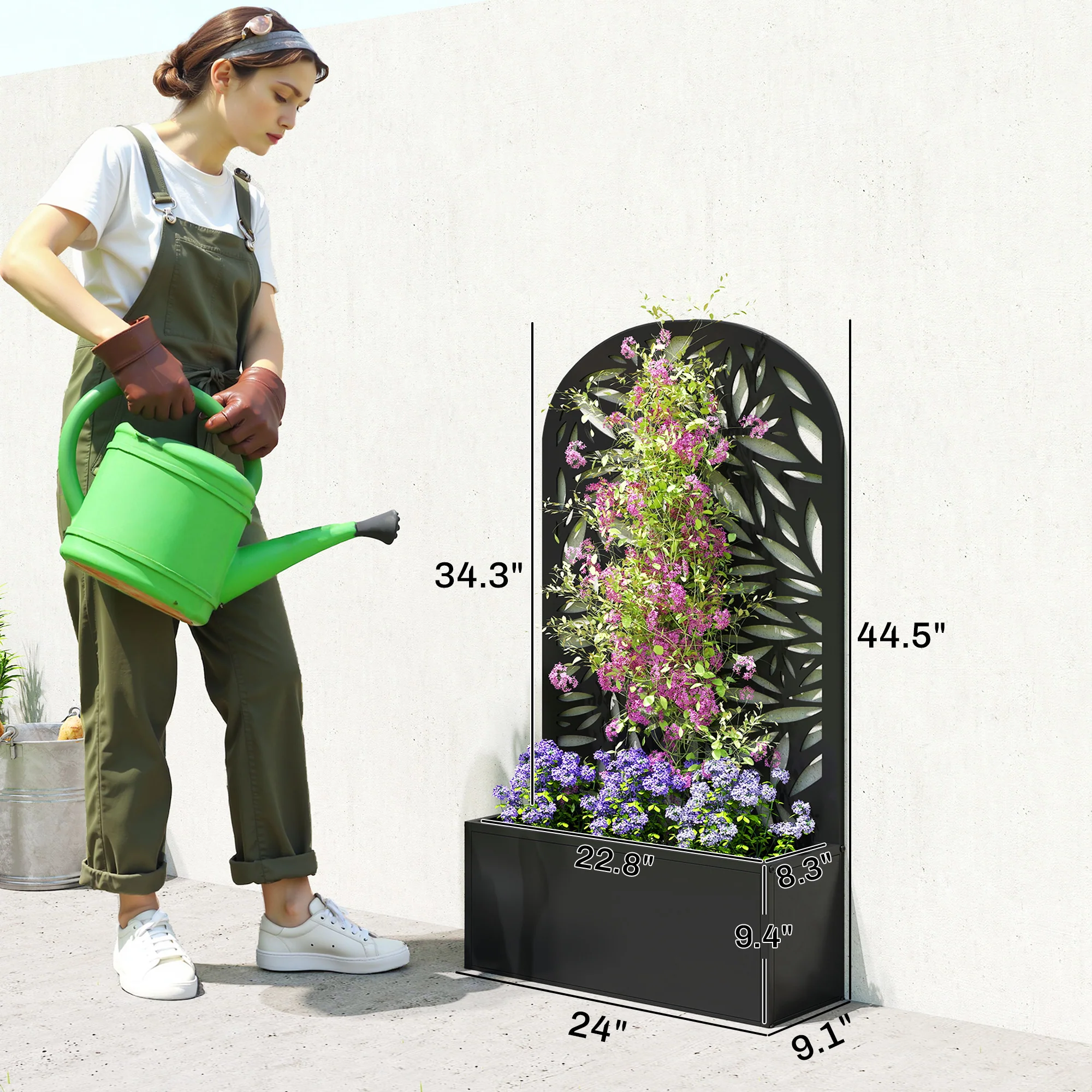 Metal Raised Garden Bed with Trellis for Climbing Plants, Freestanding or Wall Mounted Flower Bed with Cueved Privacy Panel, Leaves Cut-Out Outdoor Planter Box for Garden, Patio, Balcony - Image 5