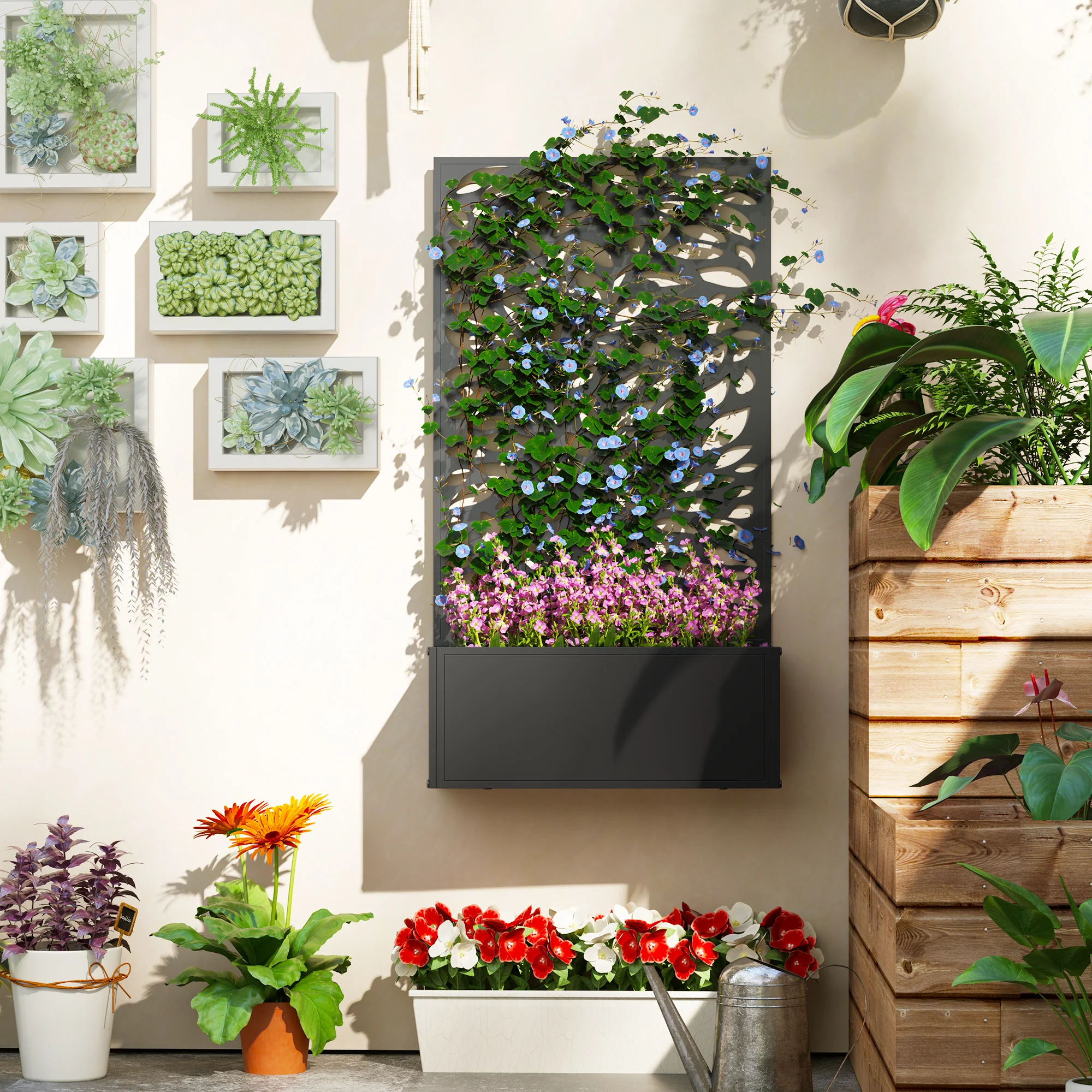 Metal Raised Garden Bed with Trellis for Climbing Plants, Freestanding or Wall Mounted Flower Bed with Privacy Panel, Leaves Cut-Outs Outdoor Planter Box for Garden, Patio, Balcony - Image 4