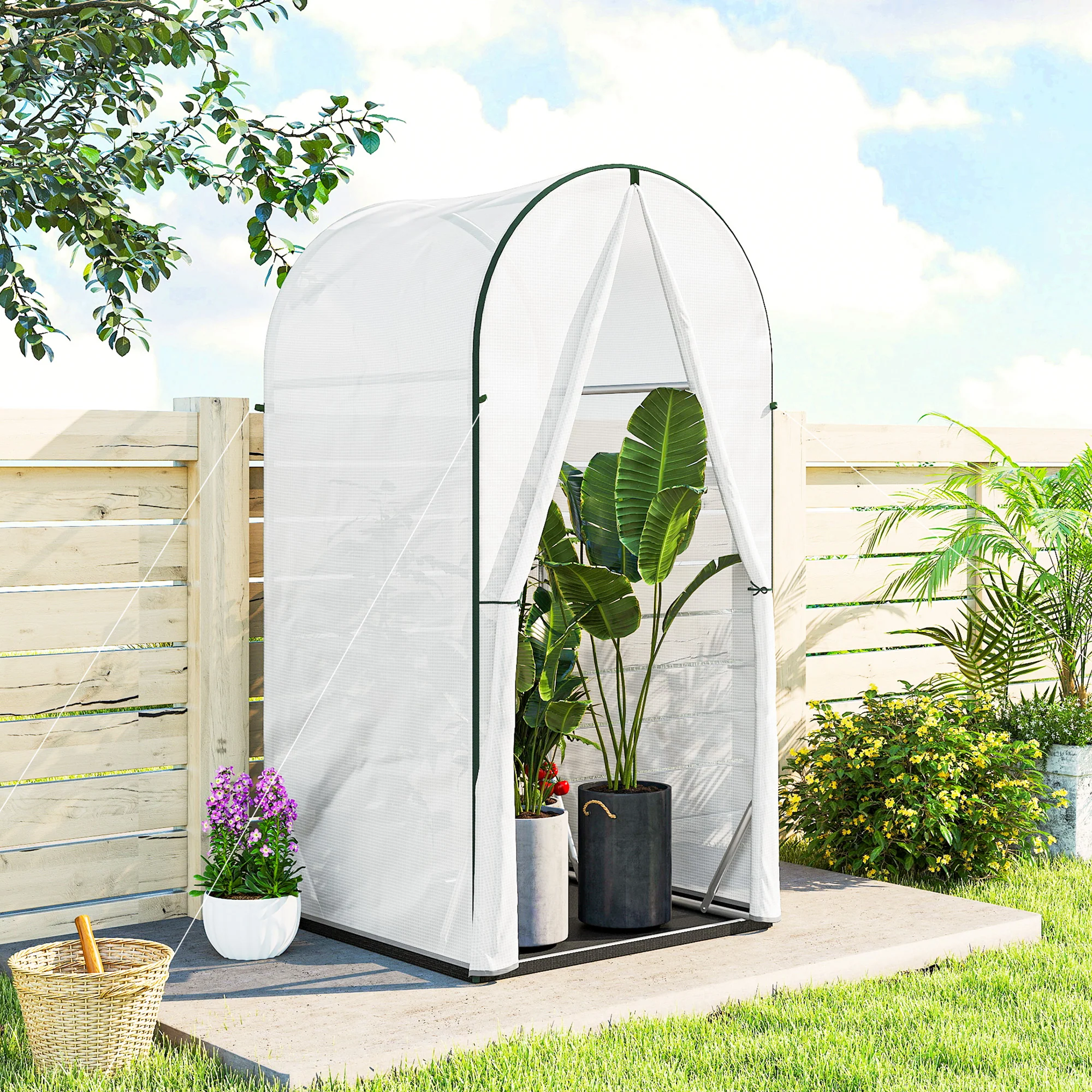 Mini Greenhouse, Portable Green House with Roll-Up Door, PE Base, Small Greenhouse for Garden Patio, 100 x 100 x 195 cm, White - Image 4