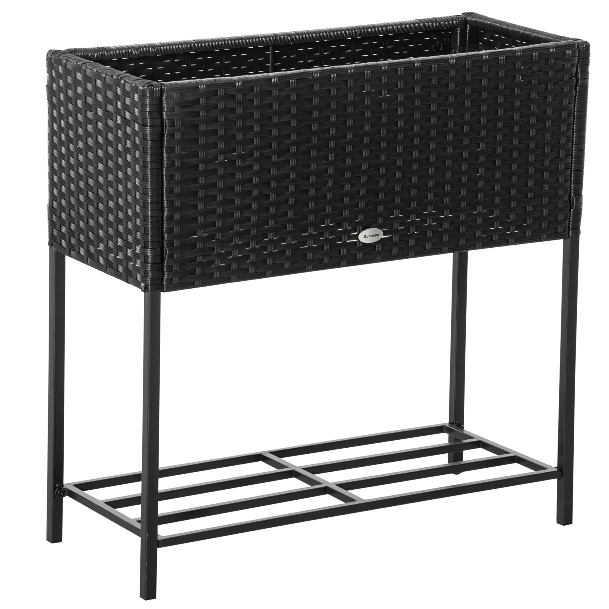 Modern Elevated Metal Garden Bed with Rattan Look & Storage, Black - Image 12