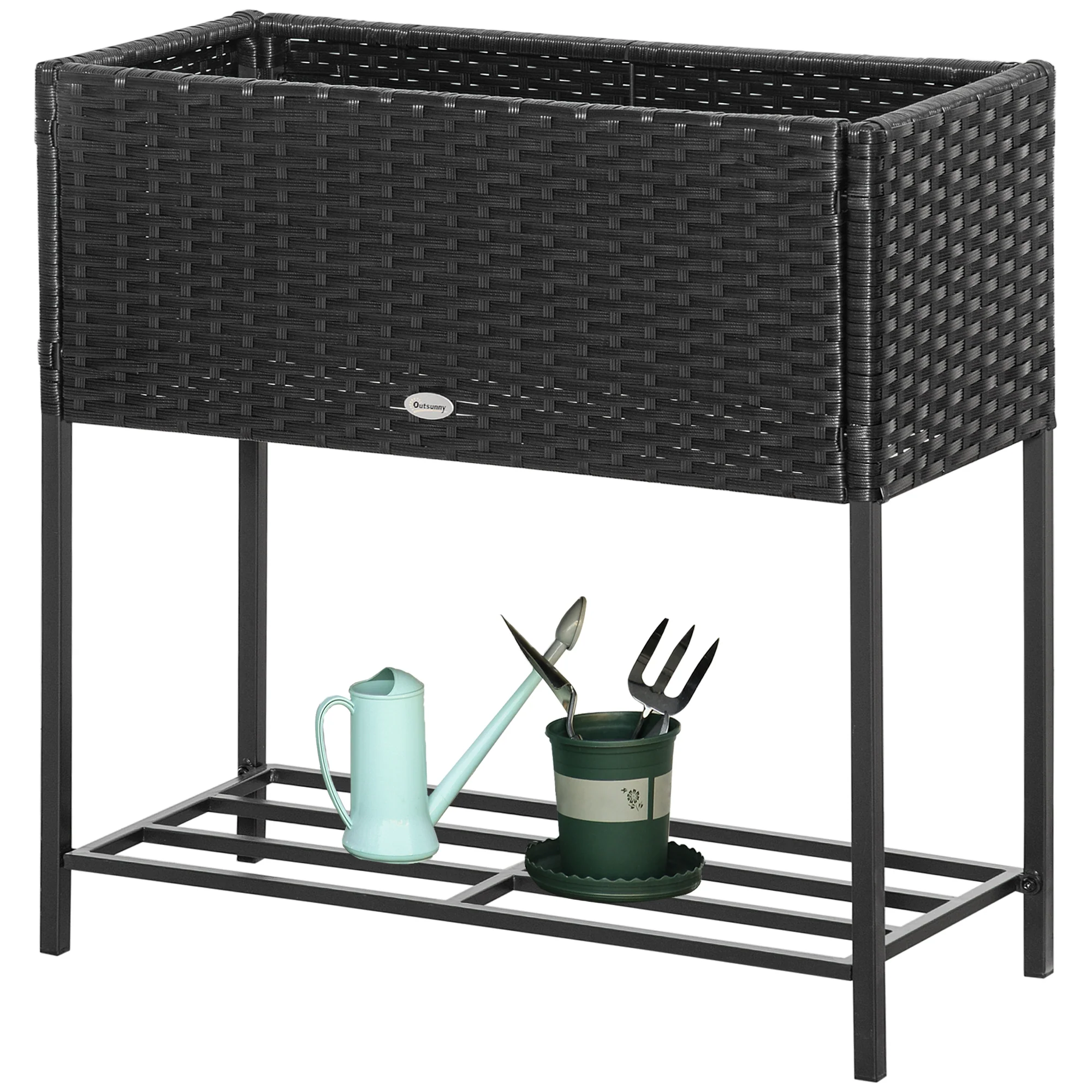 Modern Elevated Metal Garden Bed with Rattan Look & Storage, Black - Image 2