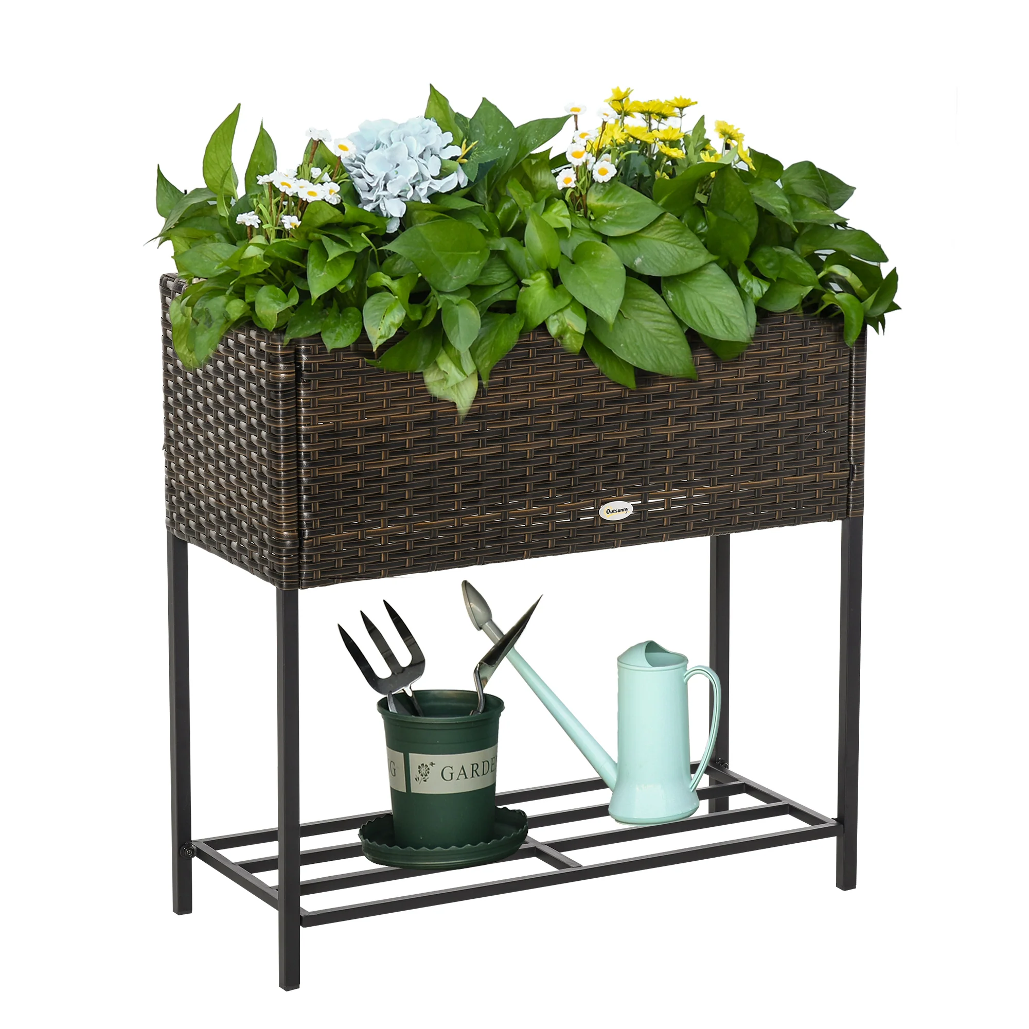 Modern Elevated Metal Garden Bed with Rattan Look & Storage, Brown - Image 2