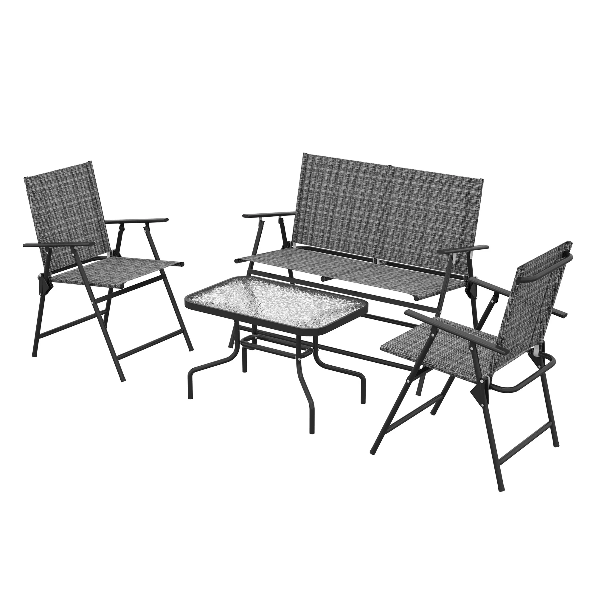 Outdoor?4 Pieces Patio Furniture Set with Breathable Mesh Fabric?Seat & Backrest,?Garden Set with Two Foldable Armchairs, a Loveseat &?Glass?Top?Table, Mixed Grey - Image 2