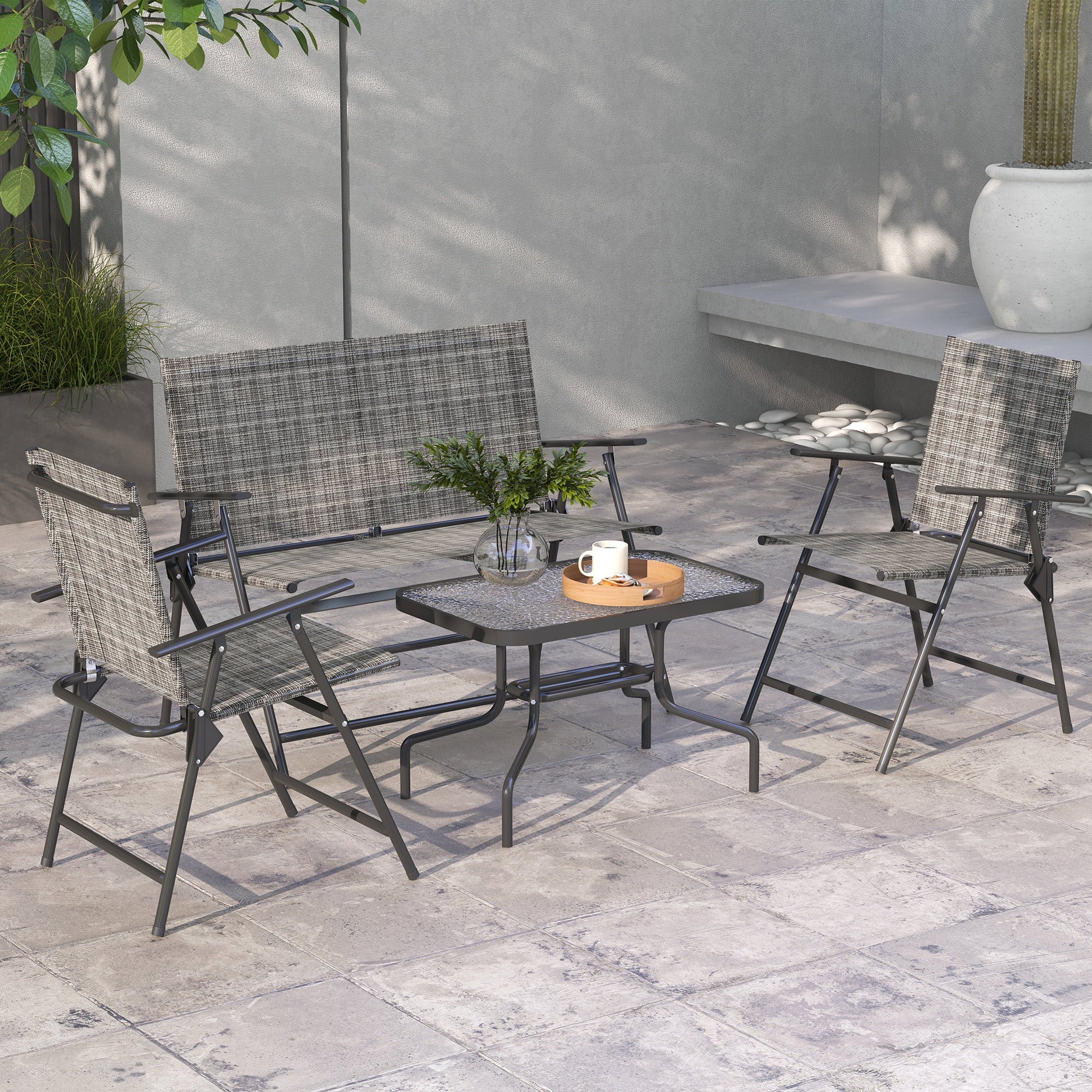 Outdoor?4 Pieces Patio Furniture Set with Breathable Mesh Fabric?Seat & Backrest,?Garden Set with Two Foldable Armchairs, a Loveseat &?Glass?Top?Table, Mixed Grey - Image 3