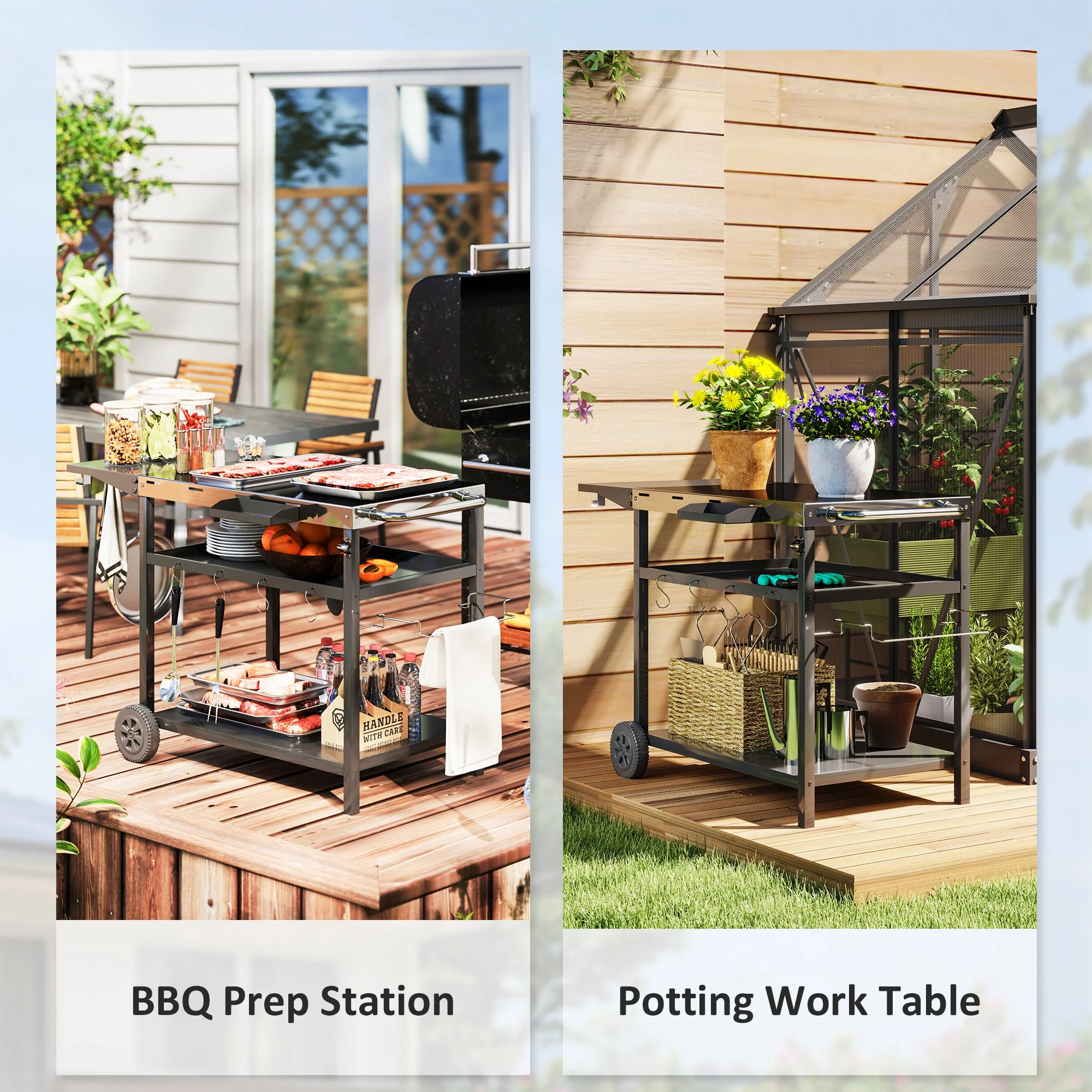 Three-Shelf Stainless Steel BBQ Cart with Wheels & Hooks - Image 11