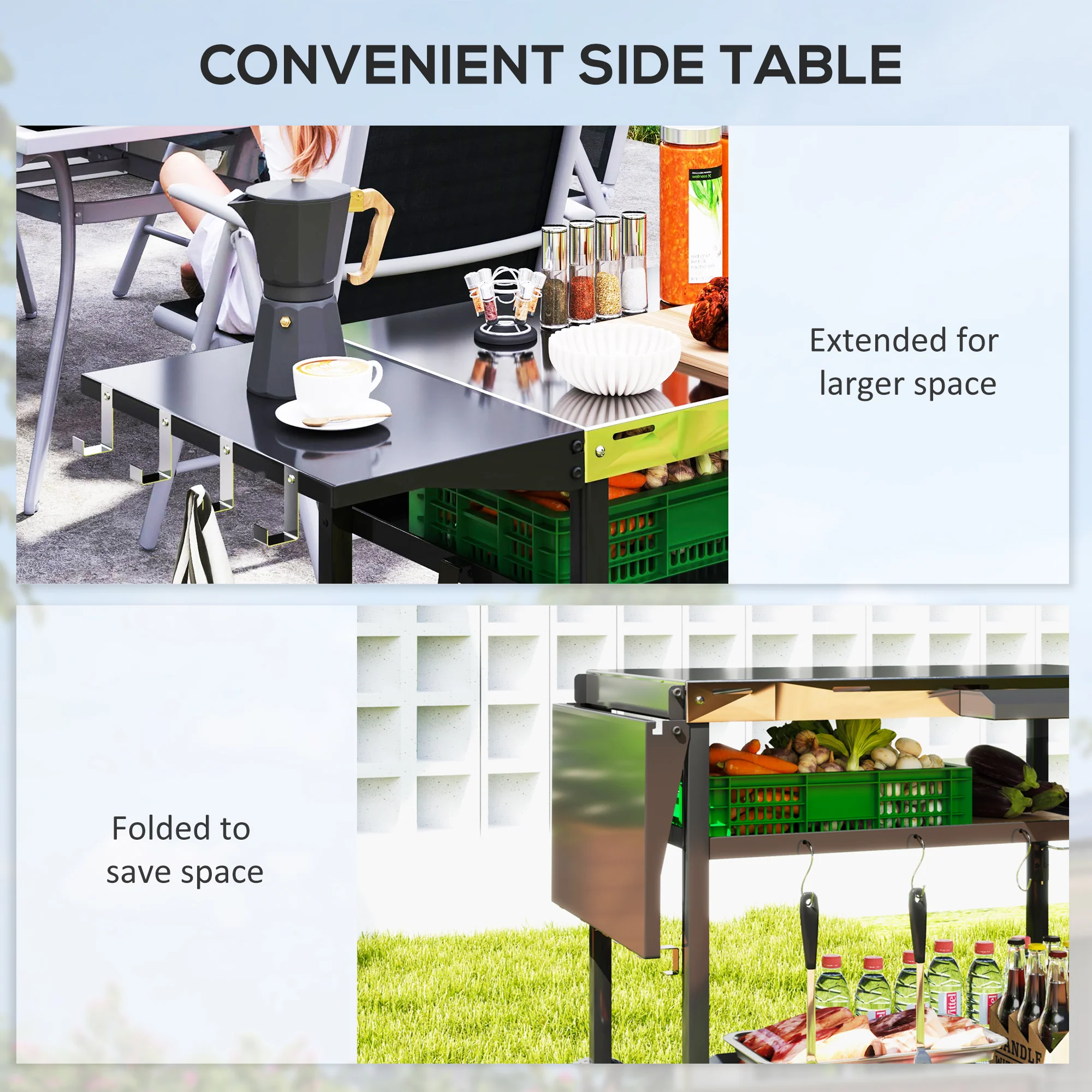 Three-Shelf Stainless Steel BBQ Cart with Wheels & Hooks - Image 7